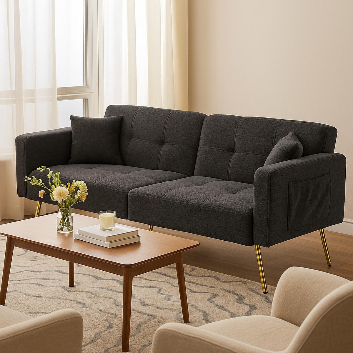 SCHLAFSOFAS mit verstellbarer Rückenlehne und Goldenen Beinen - Grau, Holzwerkstoff/Textil (175/72/64cm) - Urban Meuble