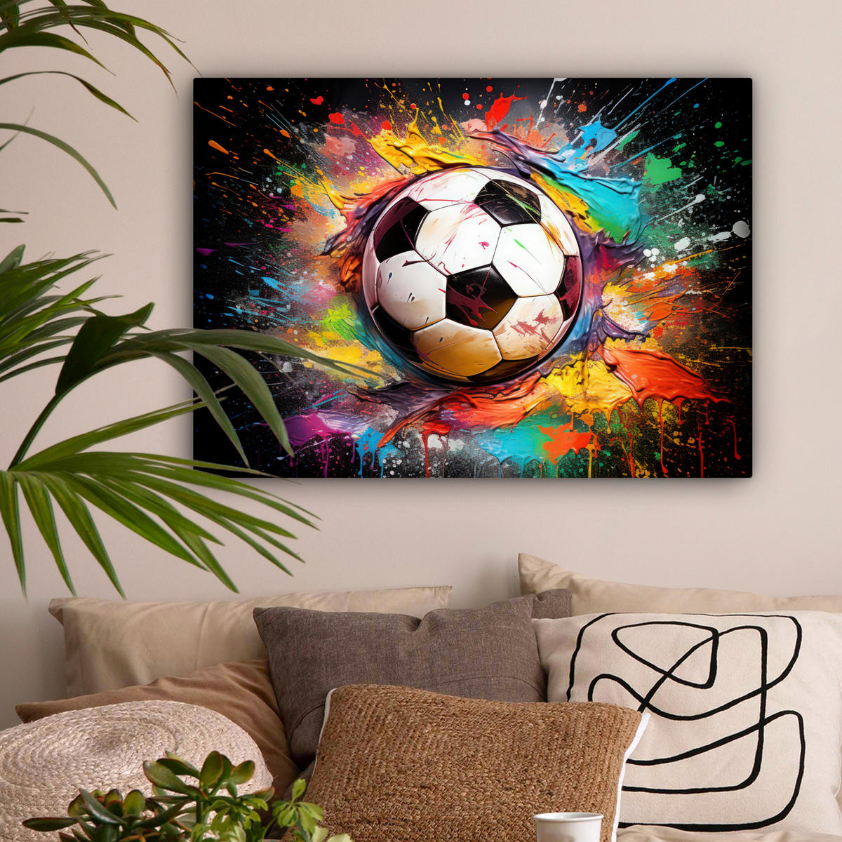 LEINWANDBILD Fußball - Farbe - Farben - Schwarz - Weiß Wandbilder 80x60 cm - Weiß, Textil (80/60cm) - MuchoWow