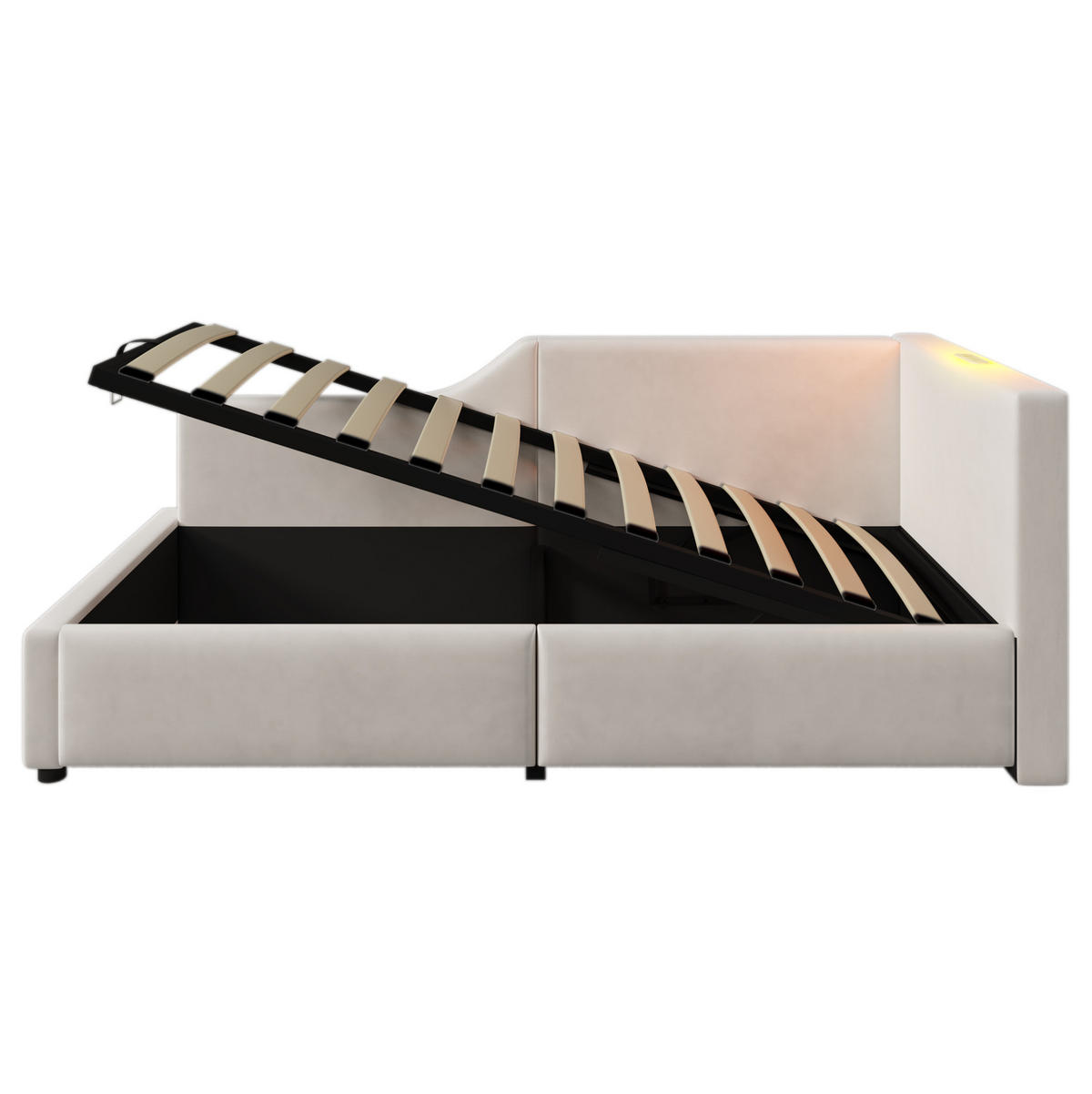 POLSTERBETT 90/200 cm in Beige mit Stauraum, Leselampe und USB- und Type-C-Anschlüssen - Beige, Textil (90/200cm) - Flora Grace