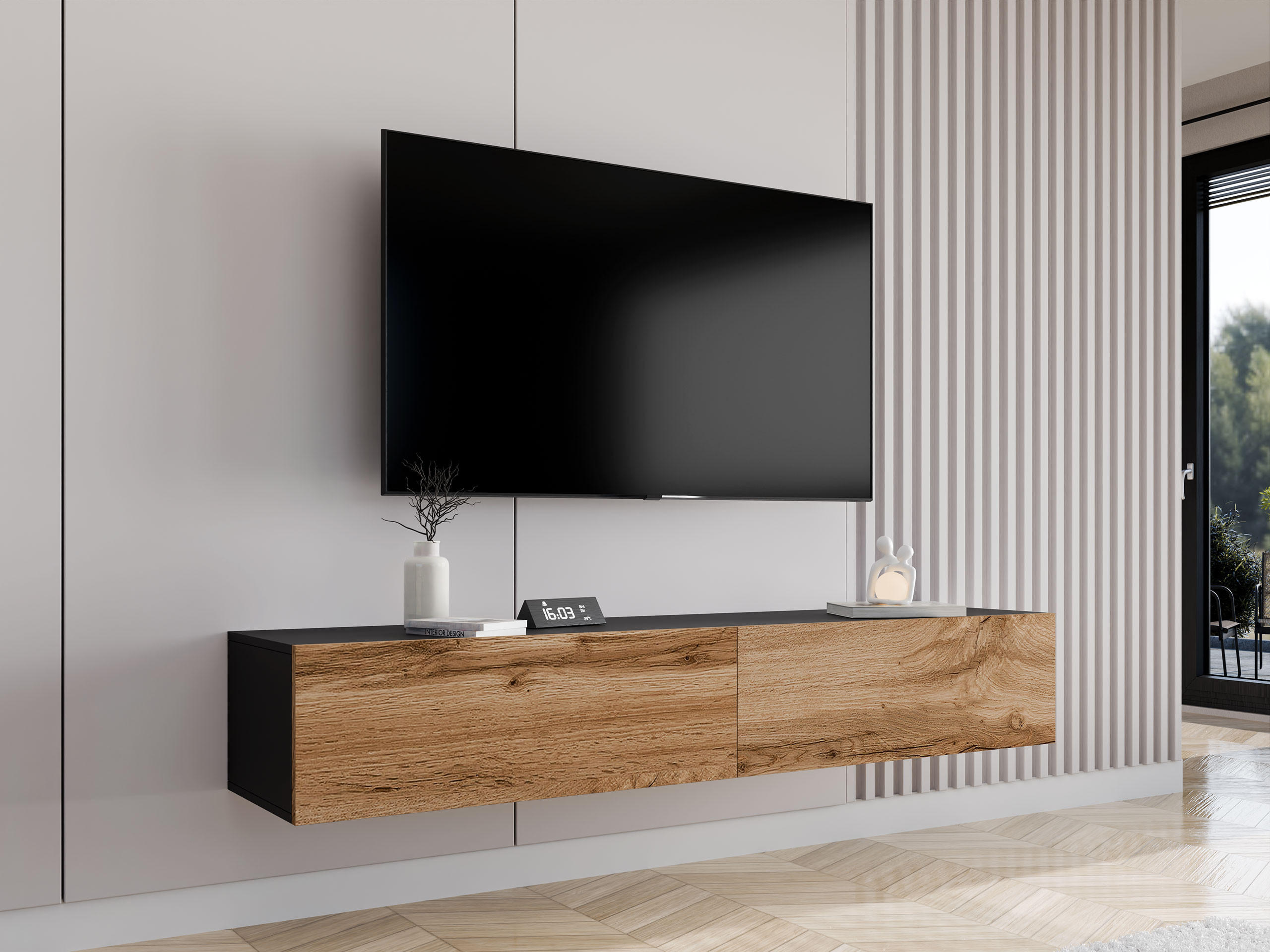 TV-LOWBOARD Vigo 180 - Eiche Wotan/Schwarz, Holzwerkstoff (180/30/40cm) - MIRJAN24