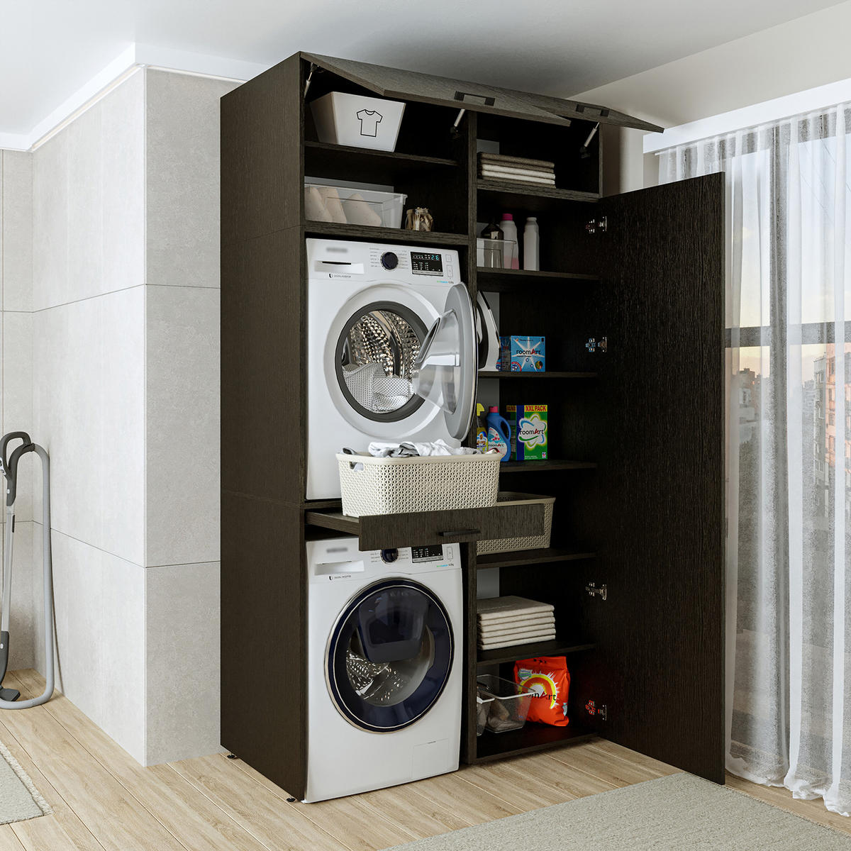 WASCHMASCHINENSCHRANK DUO-I 127cm Breit, 240cm Hoch - Schwarz, Holzwerkstoff (127/240/67cm)