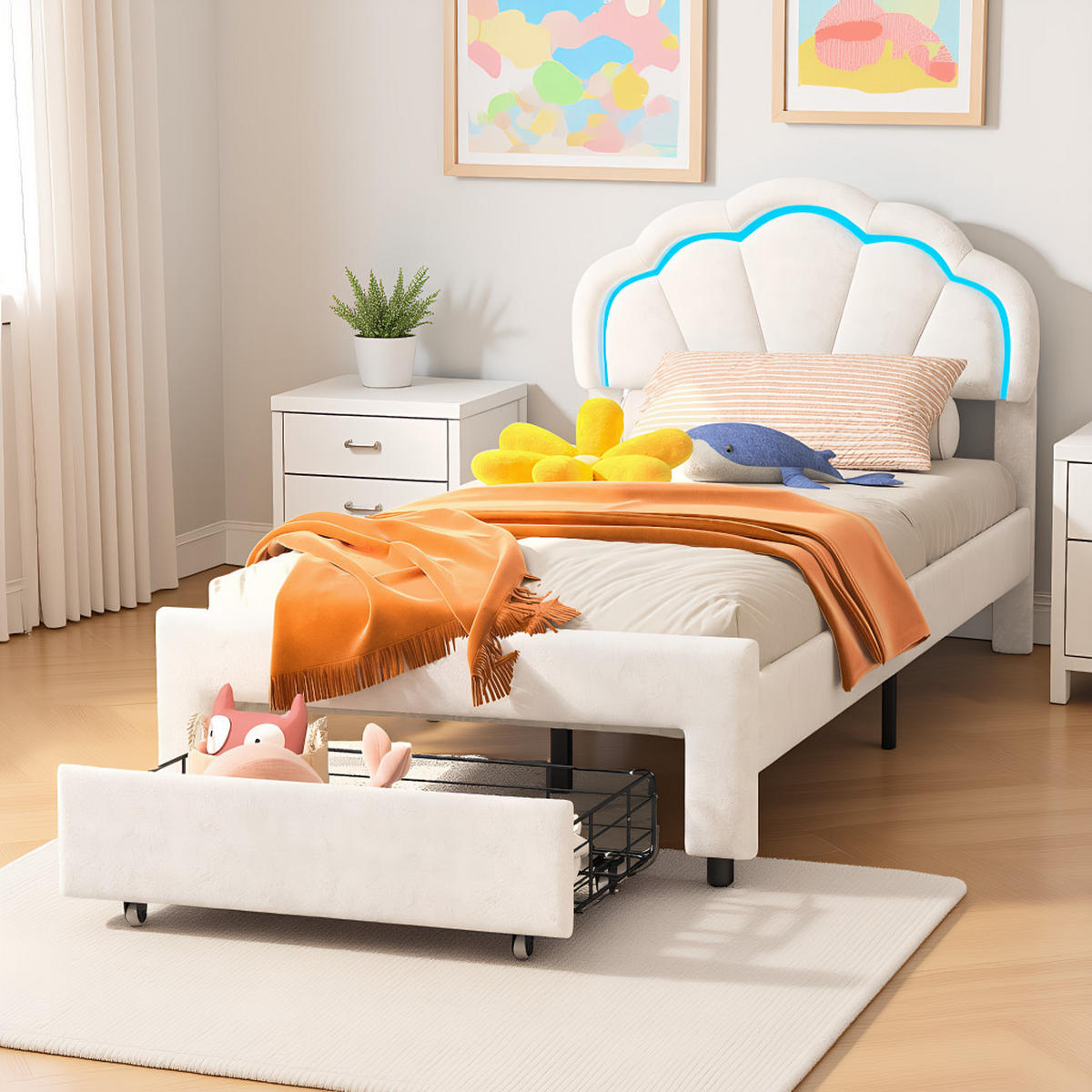 POLSTERBETT 90 × 200 mit Stauraumschubladen, Kinderbett mit LED-Leuchten, Holzlatten und Blütenkopf, Weiß - Weiß, Holz/Holzwerkstoff (90/200cm) - BursDany