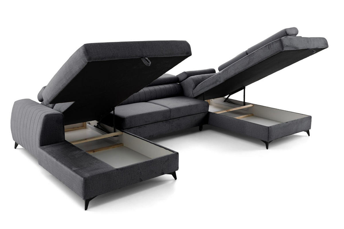 ECKSOFA U-Form PIERO U Rechts mit Schlaffunktion 125x260 Velours Dunkelgrau - Dunkelgrau/Schwarz, Holz/Textil (203/90/350cm) - Muffo