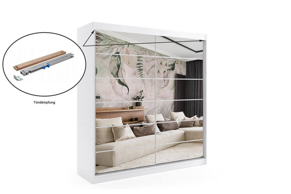 KLEIDERSCHRANK mit Spiegel-Schiebetüren und Aluminium-Leisten - FLORA - 200 cm Weiß - Weiß, Holzwerkstoff (200/216/61cm) - ALTDECOR