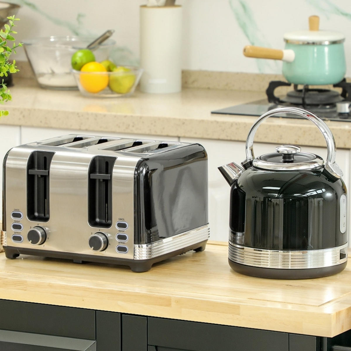 WASSERKOCHER-TOASTER , Retro Design, Edelstahl, Schwarz, 24,2/19,3/26,8 cm - Schwarz, Kunststoff (19.3/26.8/24.2cm) - Rolipo