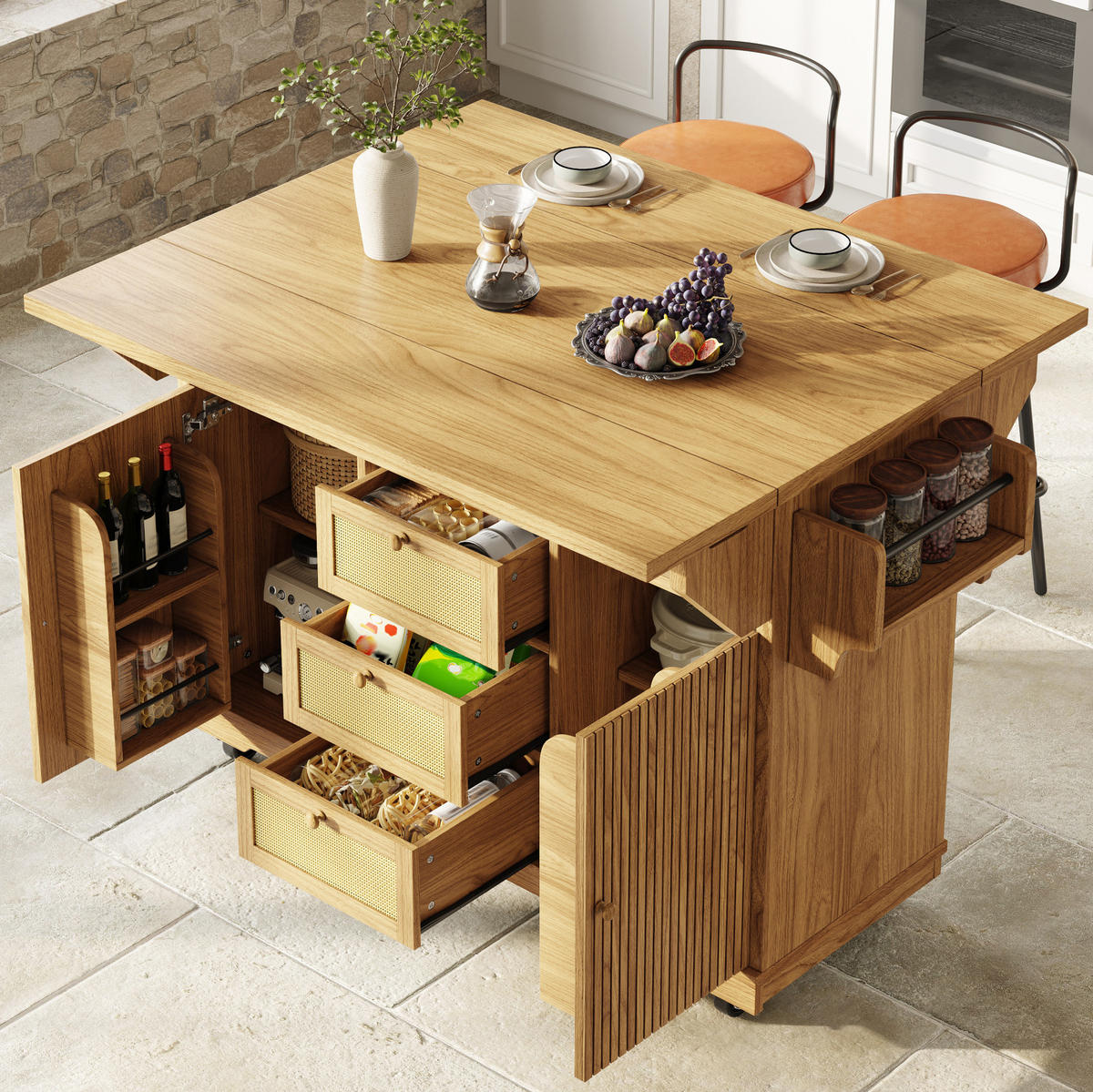 SERVIERWAGEN ausklappbar 142,5 x 80 x 95 cm Naturholz - Naturfarben, Holz (80/95/142.5cm) - Beauniv