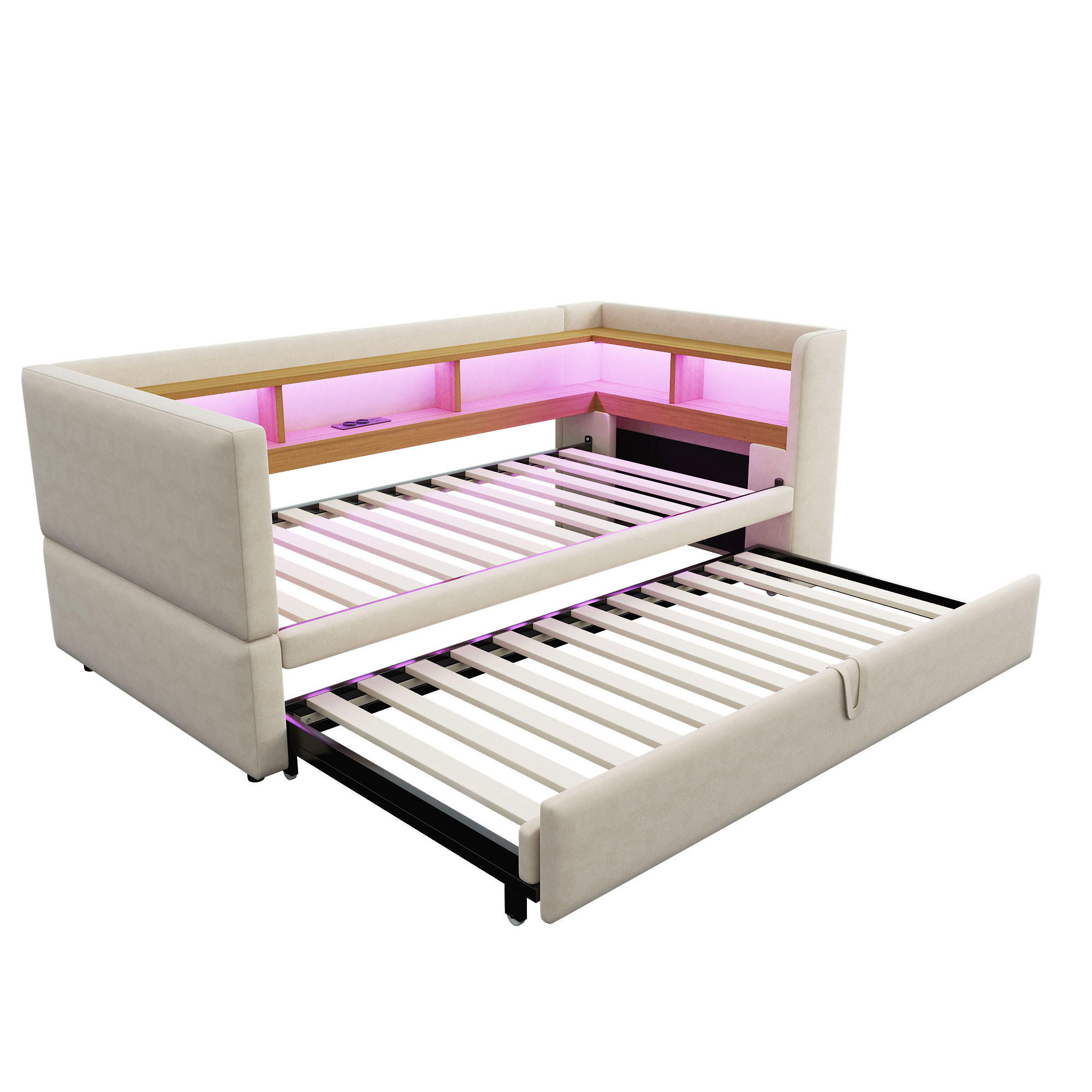 AUSZIEHBETT 90/180/190 cm DE-01990, in Beige, mit LED, Steckdosen und Staufächern - Beige, Metall (90/190cm) - ComfortXL
