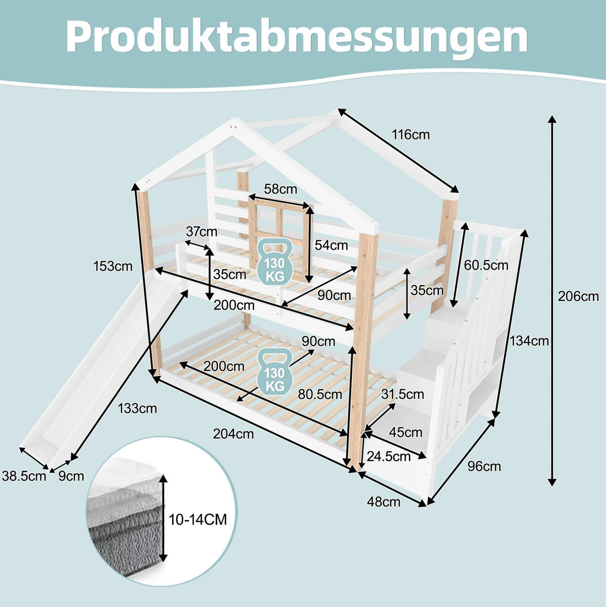 ETAGENBETT aus Holz 90x200 cm Weiß mit Rutsche, Treppe mit Stauraum und Haus-Design - Weiß, Holzwerkstoff (90/200cm) - Modfu