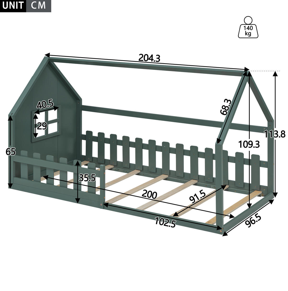 KINDERBETT 90/200 cm in Hausform mit Lattenrost aus Kiefer und MDF, Grün - Grün, Holzwerkstoff (90/200cm) - Redom