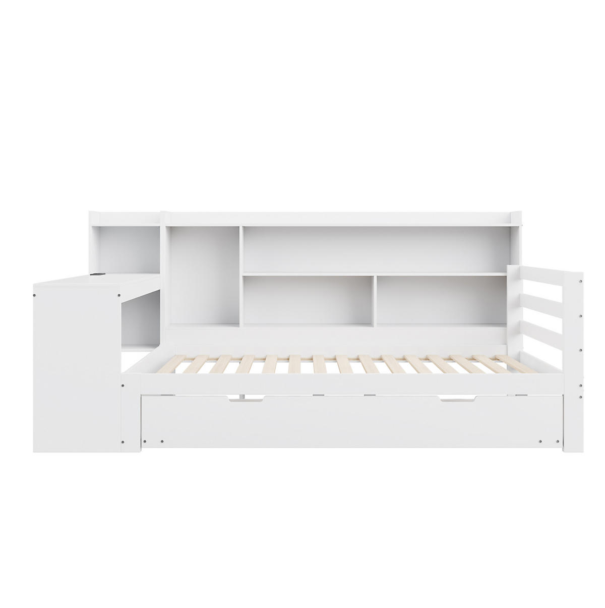 BETT aus 90x200 cm Weiß mit Ausziehbett, Schreibtisch, Regalen und Steckdose - Weiß, Holzwerkstoff (140/190cm) - Modfu