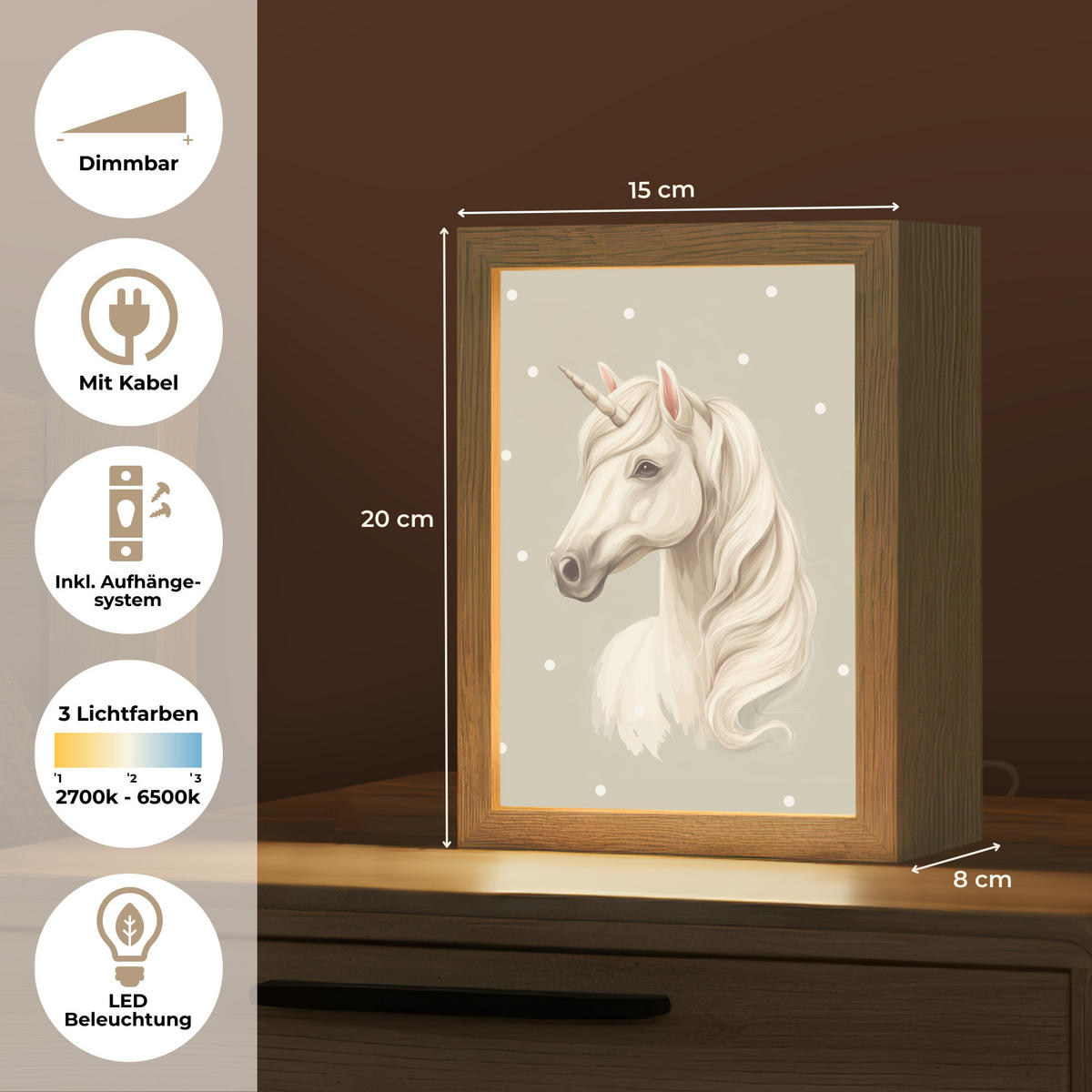 NACHTTISCHLAMPE Einhorn - Weiß - Punkte 15x20 cm - Taupe, Holzwerkstoff (8/15/20cm)