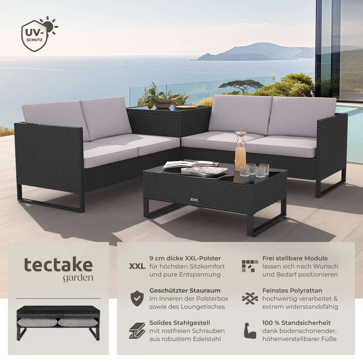 RATTANLOUNGE Ostuni,mit Sicherheitsglasplatte,schwarz - Schwarz, Kunststoff - tectake