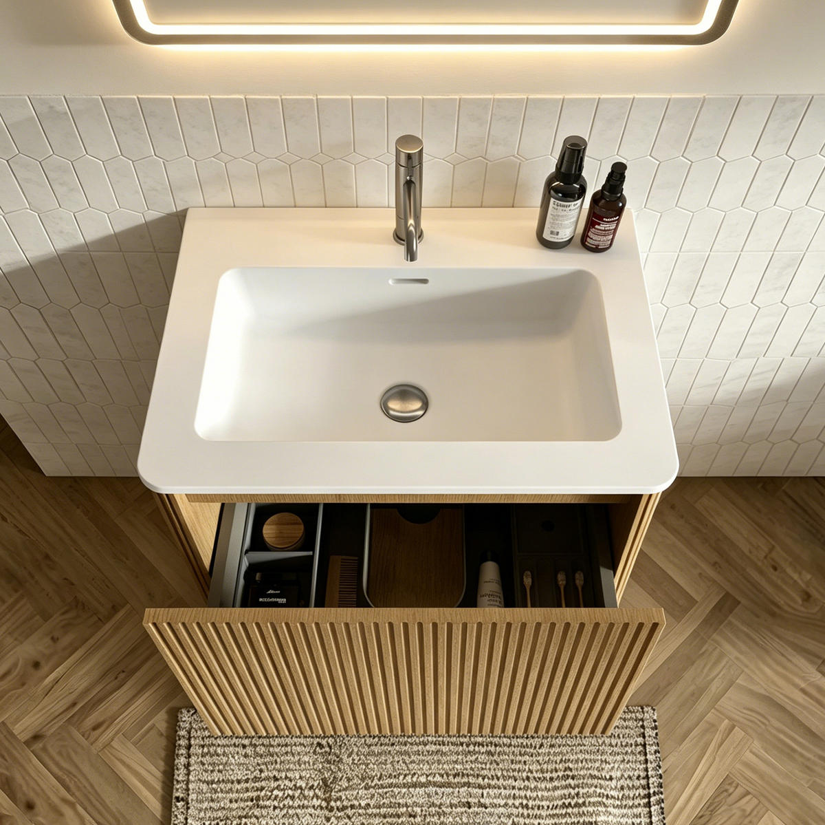 WASCHTISCHKOMBI mit Unterschrank 61/46,5/37 cm eichefarben aus MDF, Sperrholz und Mineralguss mit Push-to-Open - Eichefarben, Holzwerkstoff (61/37/46.5cm) - OKWISH