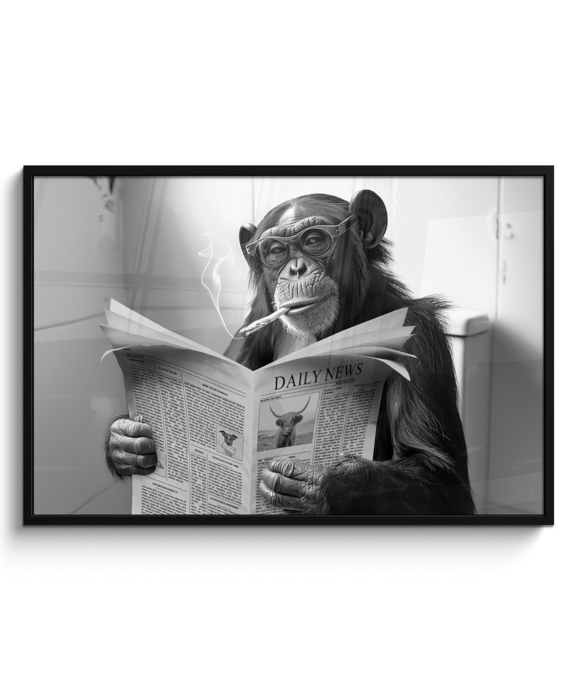 POSTER MIT RAHMENGERAHMTES BILD Affe - WC - Zeitung - Schwarz-Weiß - Humor 120x80 cm - Hellgrau, Papier (120/80cm) - MuchoWow