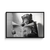 POSTER MIT RAHMENGERAHMTES BILD Affe - WC - Zeitung - Schwarz-Weiß - Humor 120x80 cm - Hellgrau, Papier (120/80cm) - MuchoWow