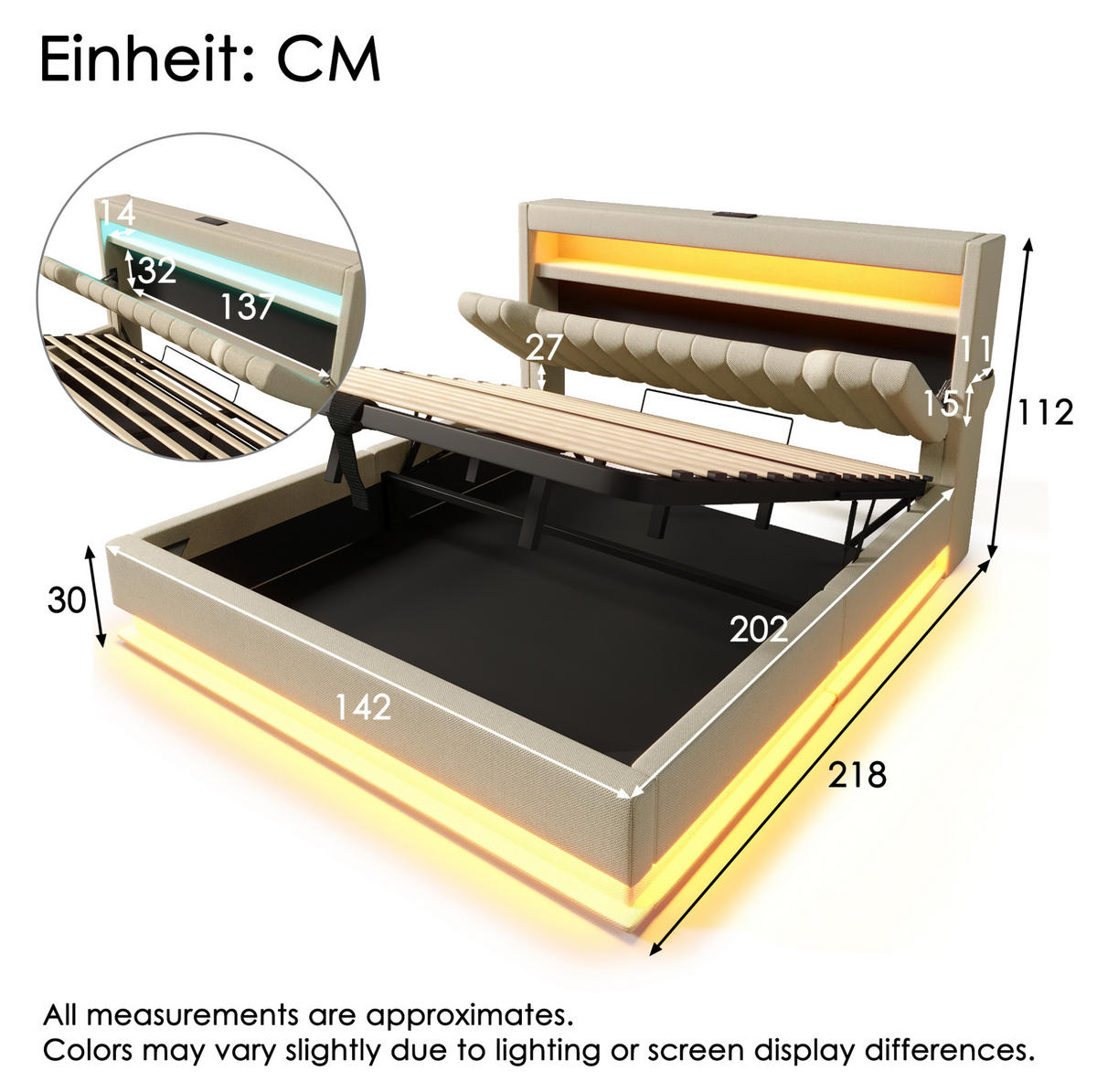 POLSTERBETT mit Stauraum, LED und USB 140x200 cm Beige Leinen - Beige, Metall (140/200cm) - Meubliv