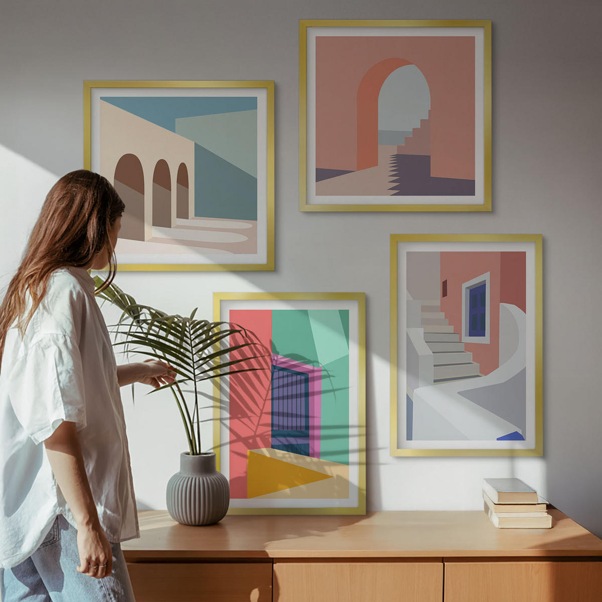 BILDER SET 4er Set - 50x50 cm & 40x60 cm Goldrahmen - Farbenfrohe moderne Gebäude - Goldfarben, Kunststoff (50/50cm) - TULUP