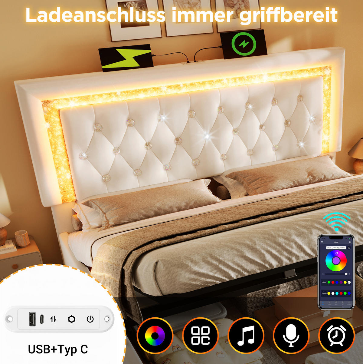 OBLAZINJENA postelja 160/200 cm z LED osvetlitvijo, USB in Type-C priključkom ter hidravličnim predalom, Bež - bež, tekstil (160/200cm) - Redom