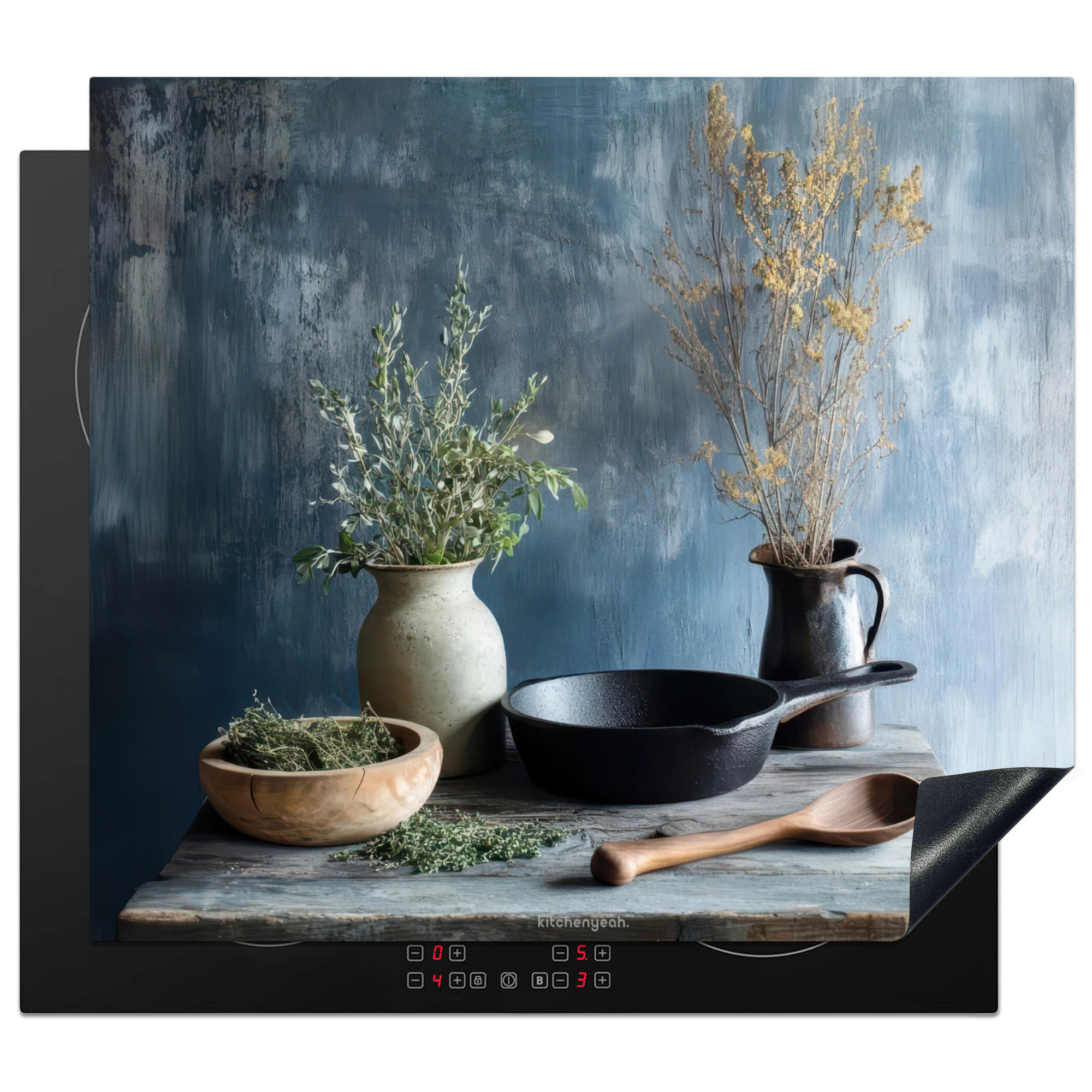HERDABDECKPLATTE Stilleben - Kräuter - Rustikal Herdabdeckung Induktionsfeld 60x52 cm - Blaugrau, Kunststoff (60/52/0.2cm) - MuchoWow