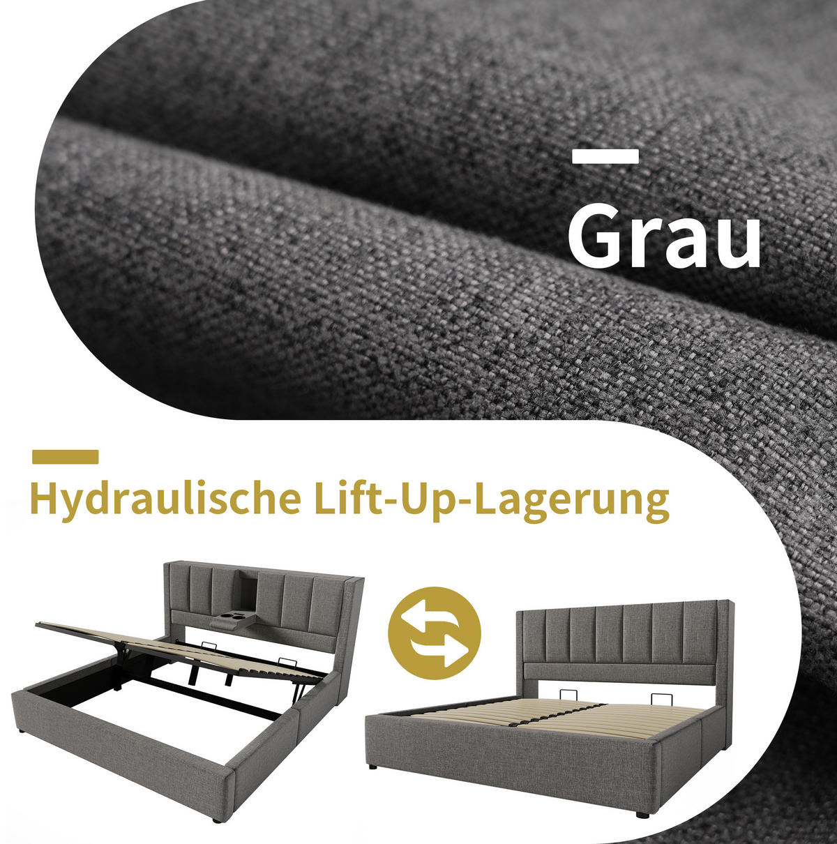 POLSTERBETT 140/190 cm mit Ladestation, verstecktem Becherhalter und Bettkasten, Leinen, Grau - Grau, Textil (140/190cm) - Redom