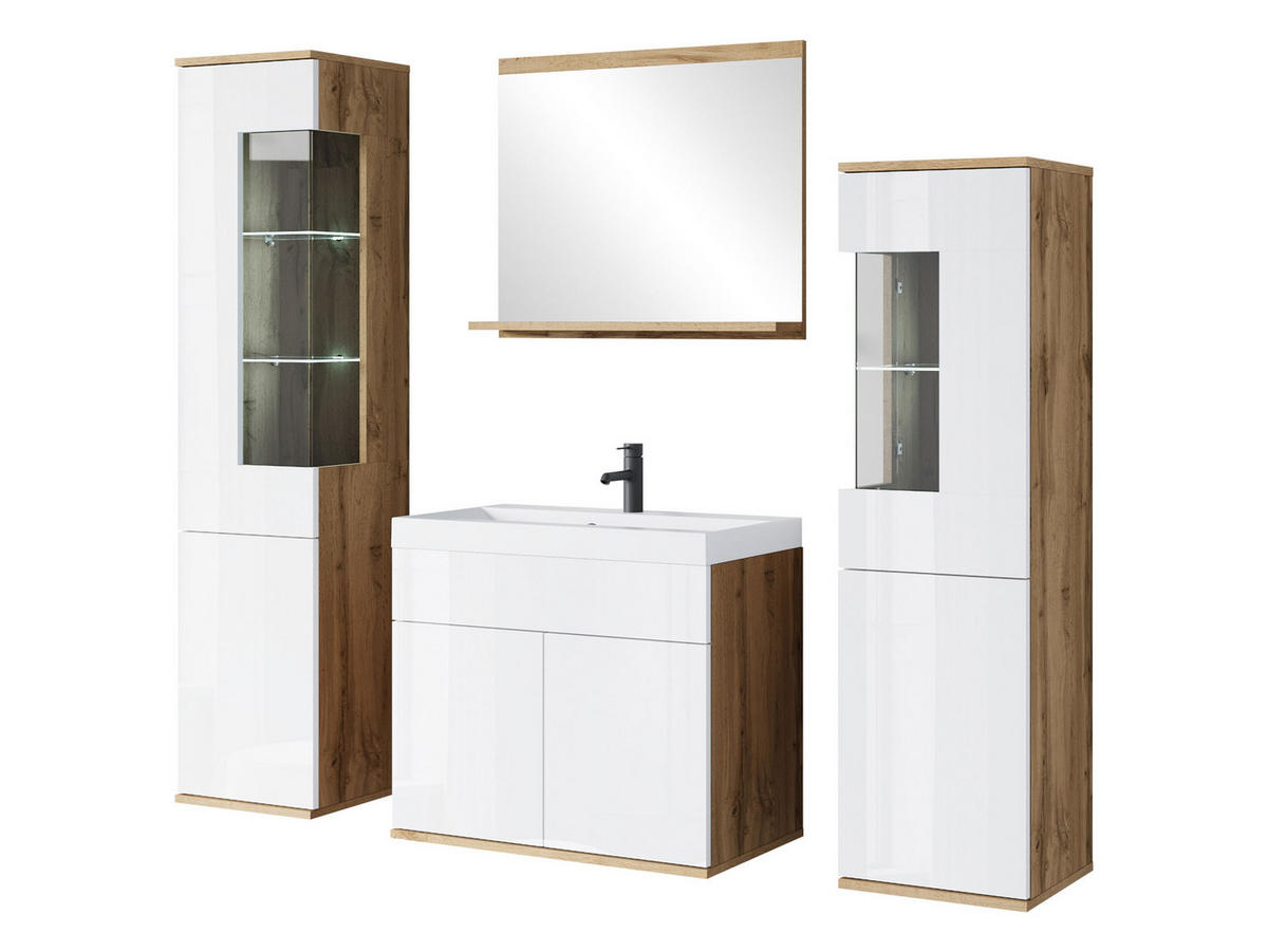 BADMÖBEL-SET Nairobi mit weißer LED Beleuchtung - Weiß Hochglanz/Eiche Wotan, Holzwerkstoff (31/133/31cm) - MIRJAN24