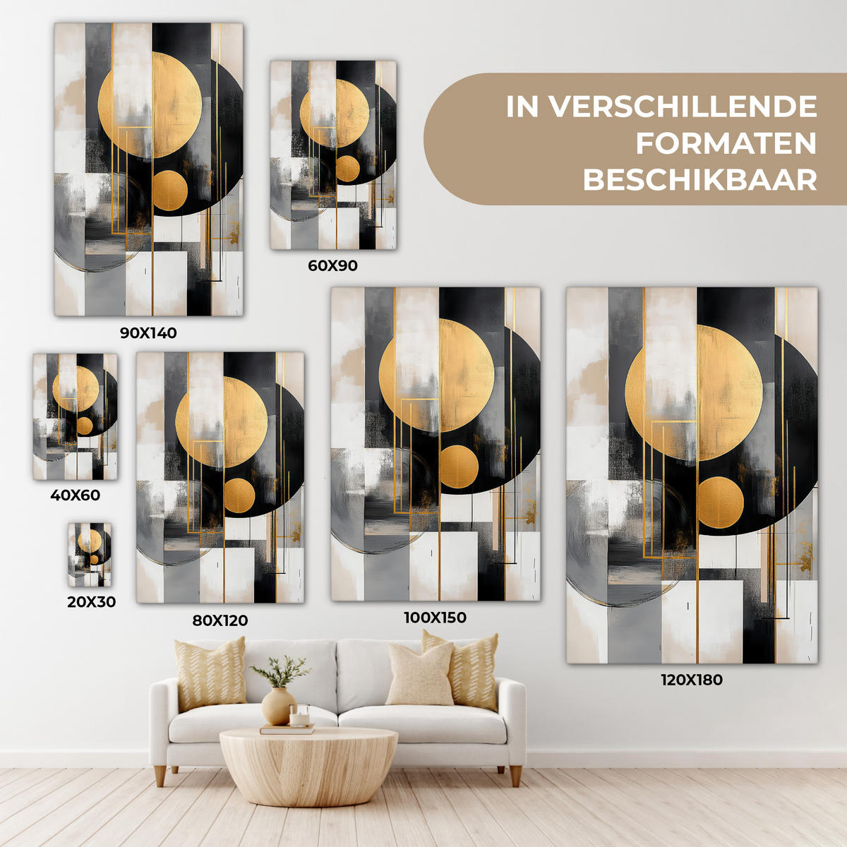 LEINWANDBILD Abstrakt - Gold - Silber - Formen - Ästhetisch - Modern Wanddeko 40x60 cm - Goldfarben, Textil (40/60cm) - MuchoWow