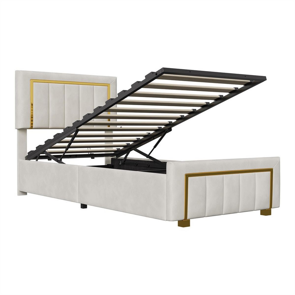 POLSTERBETT 90x200 cm mit hydraulischem Stauraum und Steppmuster im Glamour-Stil - ohne Matratze - Off-White - Creme, Textil (90/200cm) - DELFA