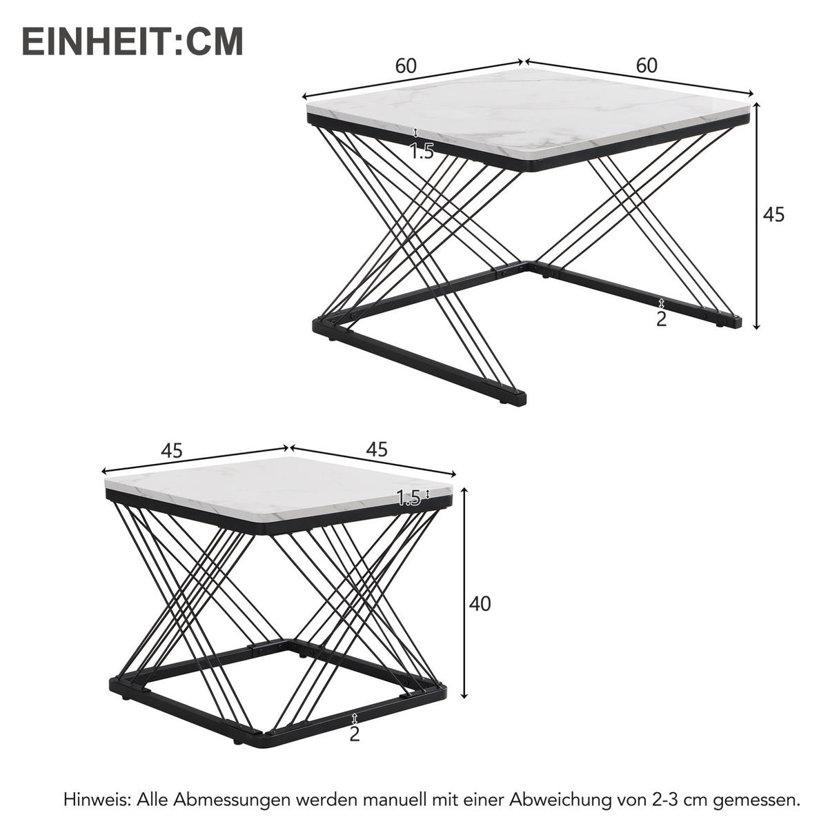COUCHTISCH-SET, MDF mit hochglänzender Marmoroptik, 60/60/45 + 45/45/40 cm, weiß und Schwarz - Schwarz, Holzwerkstoff (60/60/45cm) - Redom