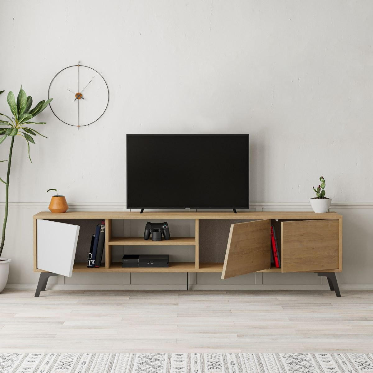 TV-MÖBEL mit 3 Türen und 2 Nischen, Eiche und weiß dekoriert, L180 cm - Fiona - Apfelbaumfarben, Holzwerkstoff (35.6/48/180cm) - Calicosy