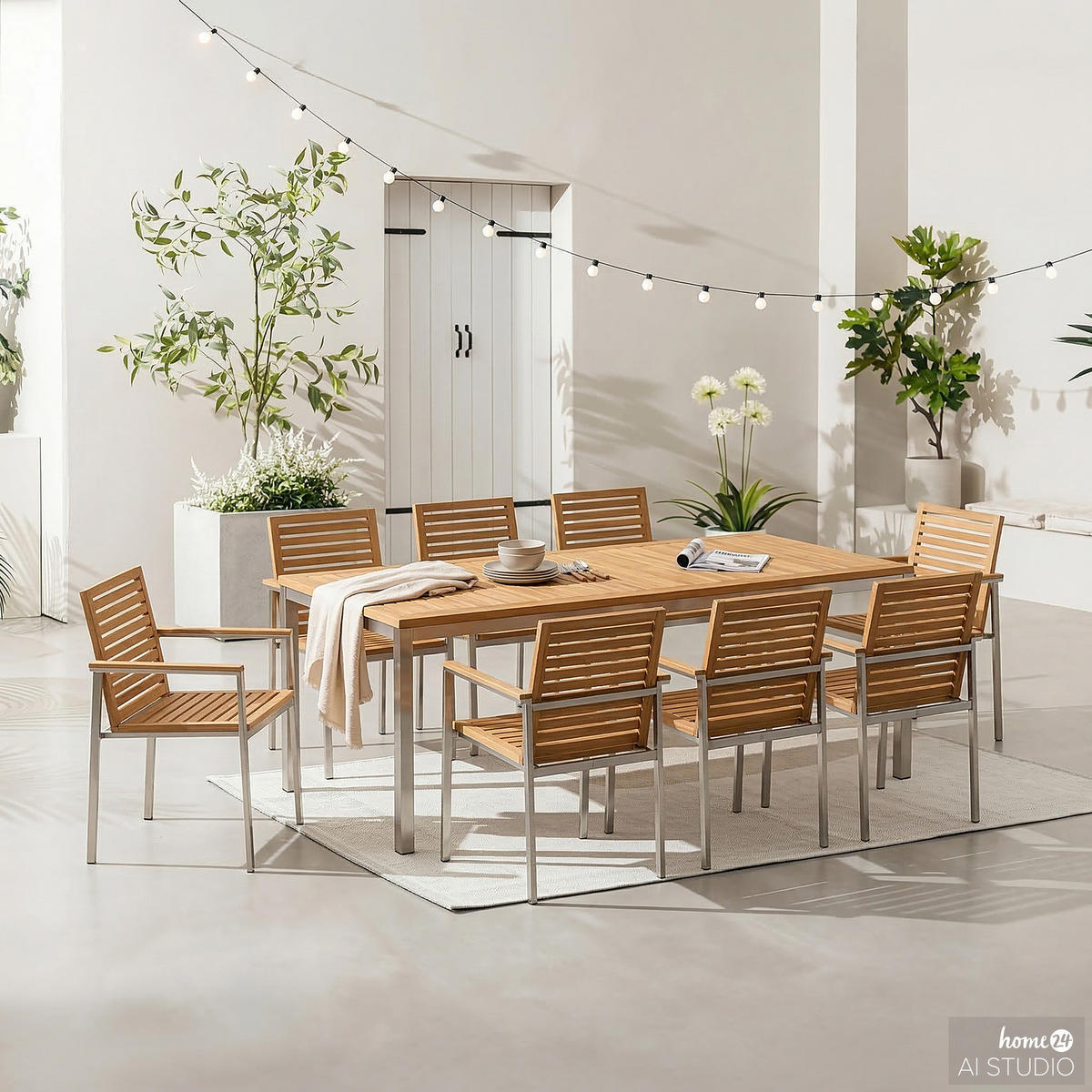 ESSGRUPPE - Teak massiv / Edelstahl - 9-teilig - Silberfarben/Braun, Holz/Metall - home24