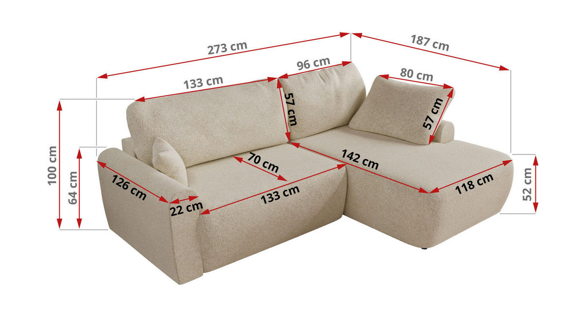 ECKSCHLAFSOFA CUBO L Creme Struktur - rechts - Creme/Schwarz, Kunststoff/Textil (187/273cm) - MKS