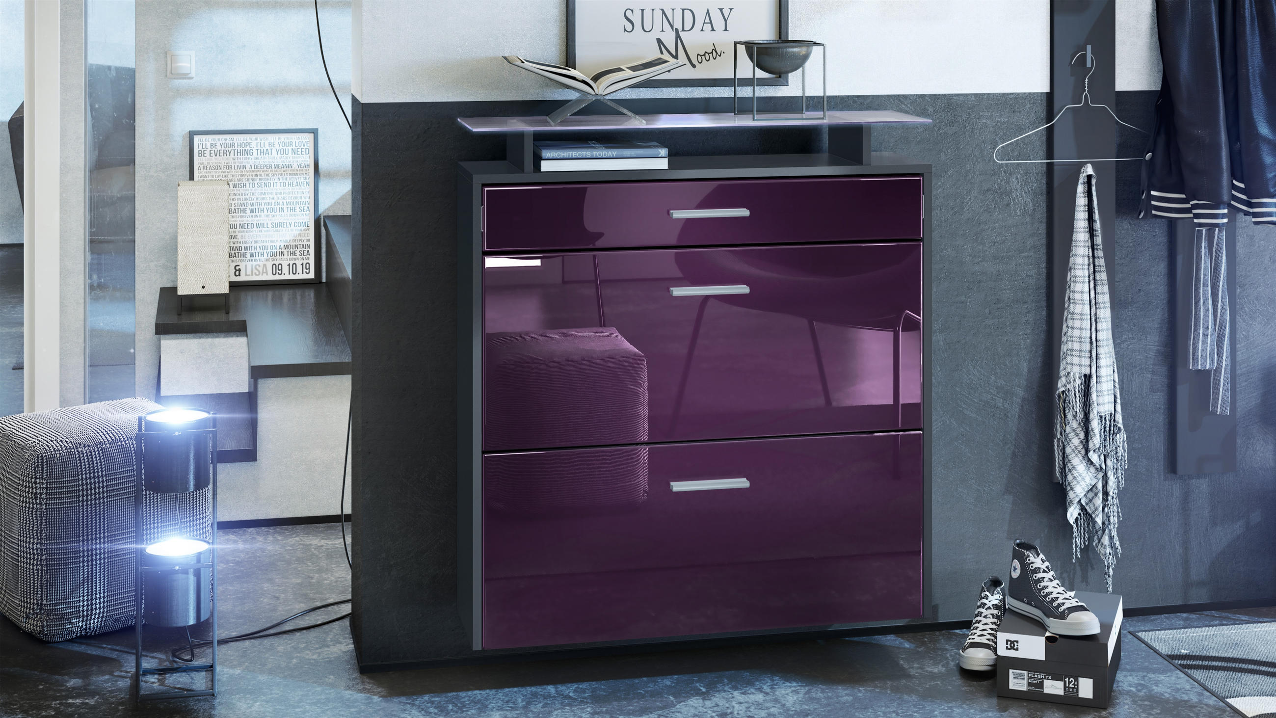SCHUHSCHRANK Malea Fronten in Brombeer Hochglanz - Brombeere, Holzwerkstoff (89/96/23cm) - Vladon