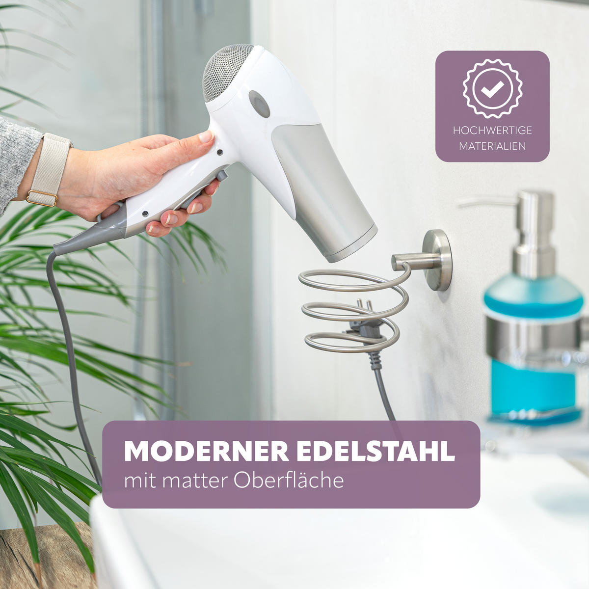 HAARTROCKNERHALTER PIAZZA, Edelstahl, matt - Edelstahlfarben, Metall (12.8/11.4/14.3cm) - bremermann