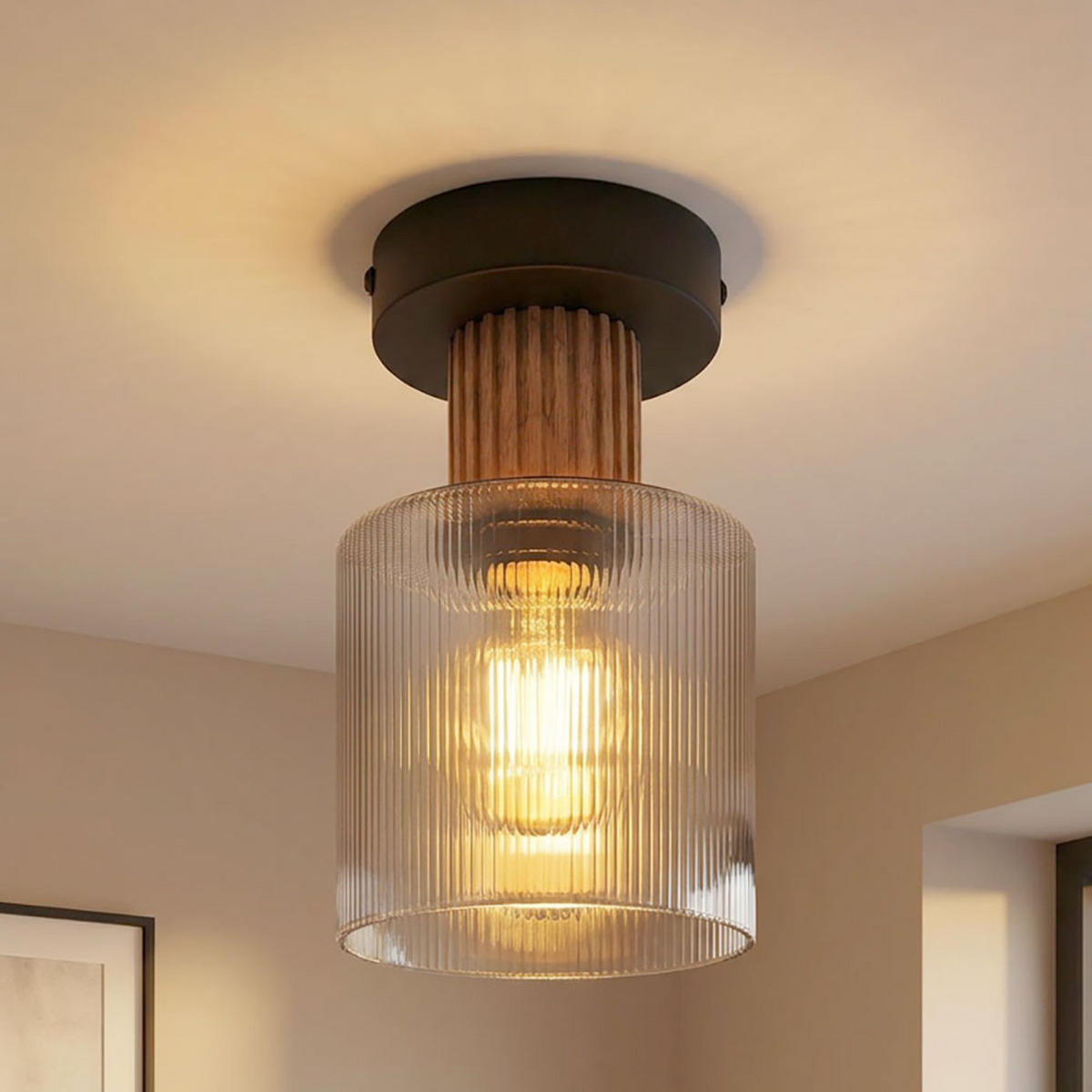 DECKENLEUCHTE Metall Schwarz Glas - Schwarz, Holz (12/12/21cm) - Globo Lighting