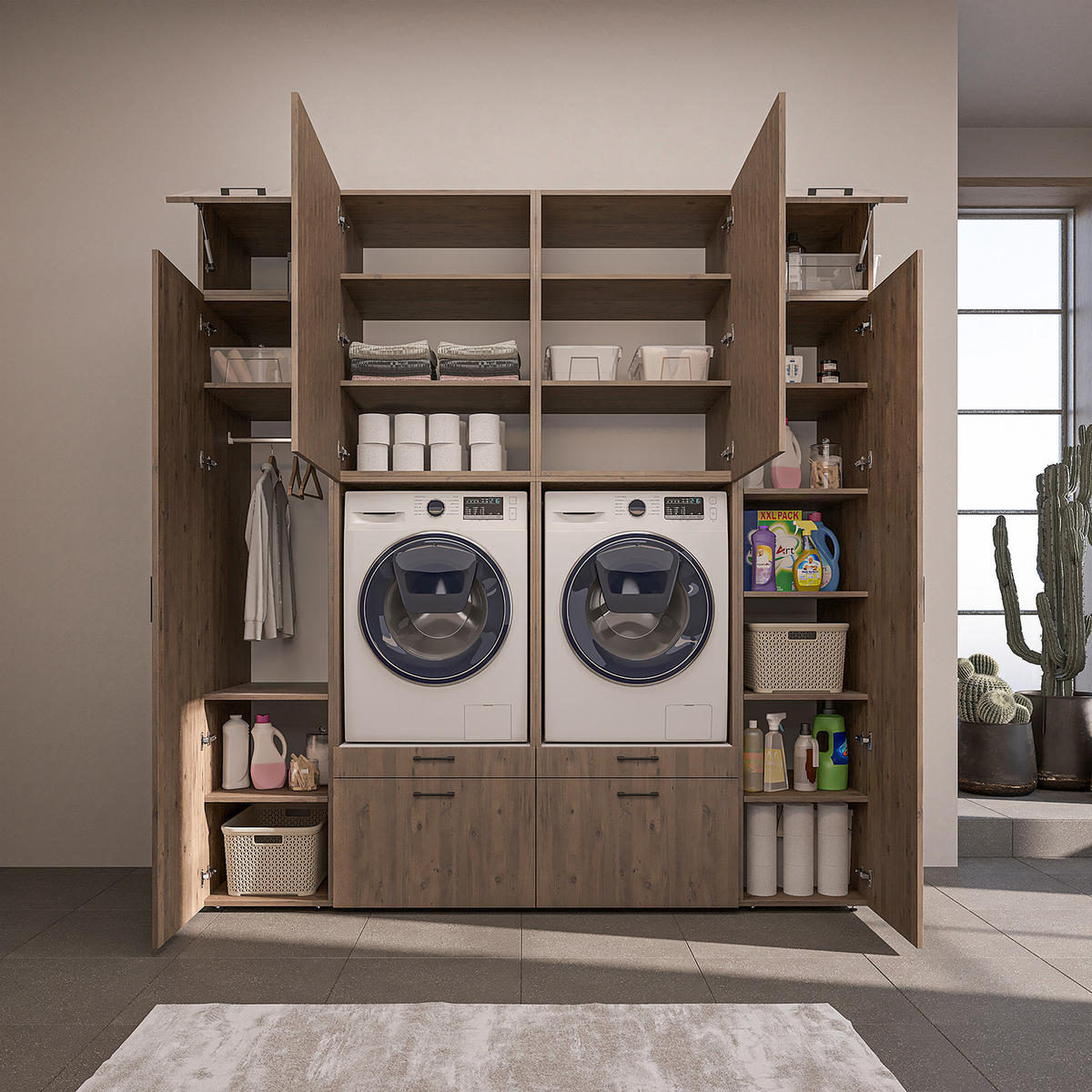WASCHMASCHINENSCHRANK Serie 2 224cm Breit, 240cm Hoch - Eichefarben, Holzwerkstoff (224/240/67cm)