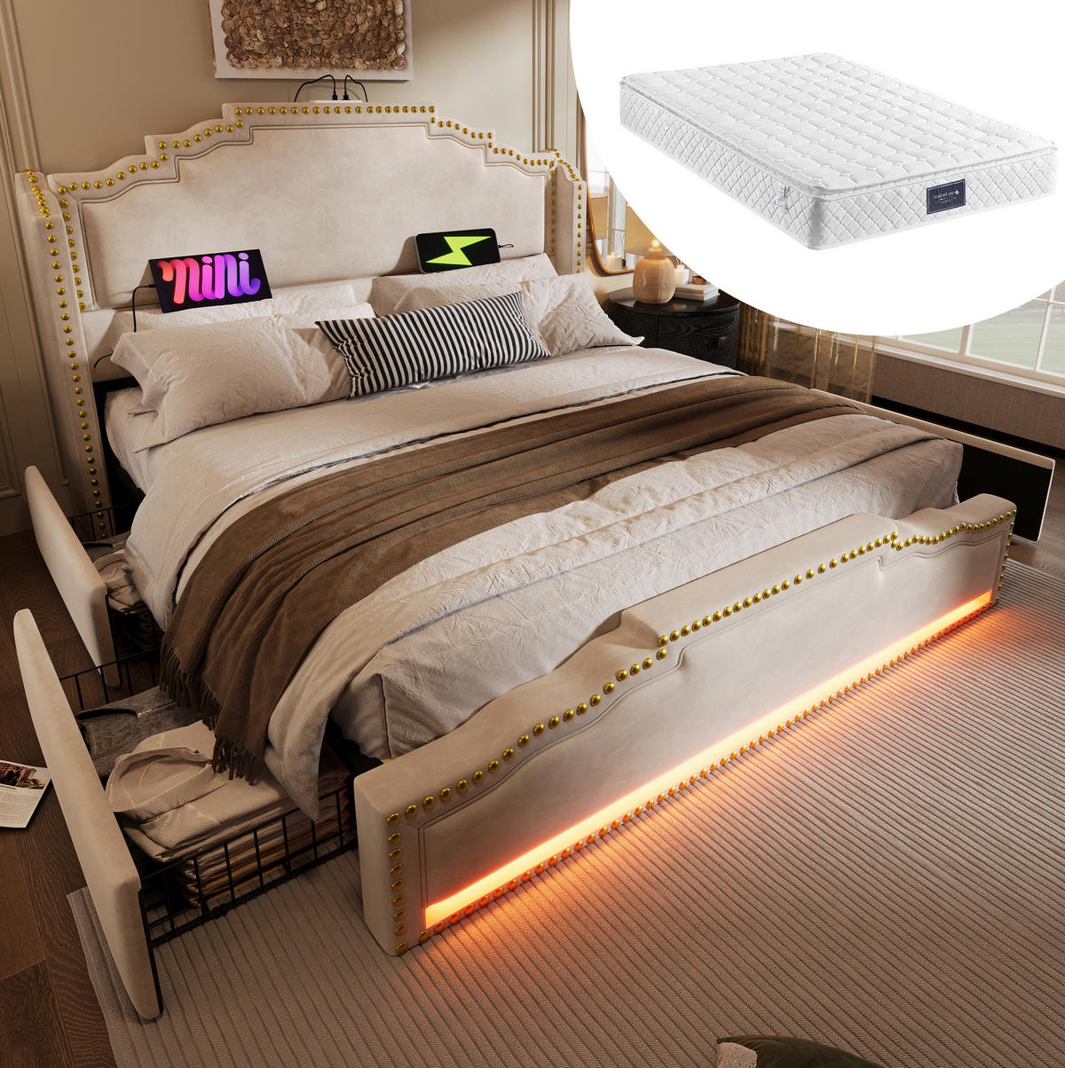 POLSTERBETT 160/200 cm Beige aus Samt mit Matratze, LED und 4 Schubladen - Beige, Textil (160/200cm) - OKMYHOME