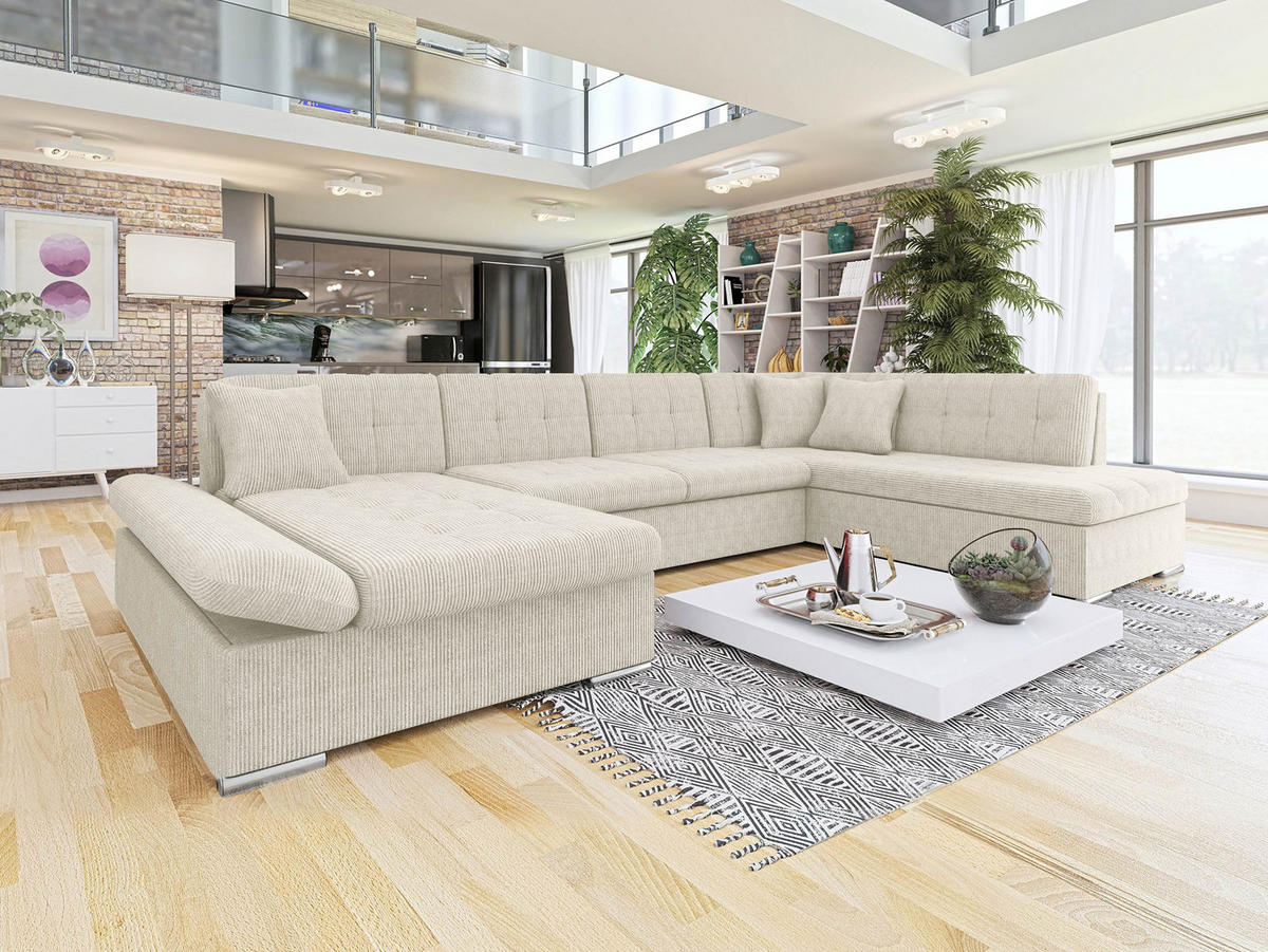 ECKSOFA Bergen Cord, Seite: Links - Beige/Silberfarben, Holz/Textil (345/76/205cm) - MIRJAN24