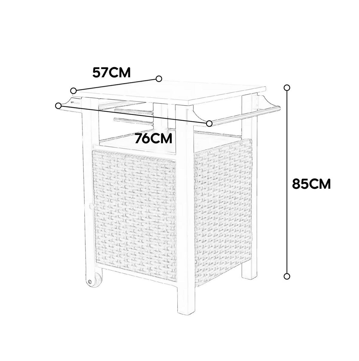KÜCHENINSEL Barwagen 76x57x85cm braun Korbgeflecht/Edelstahl mit ausklappbarer Platte & Stauraum - Braun, Metall (57/85/76cm) - Modfu