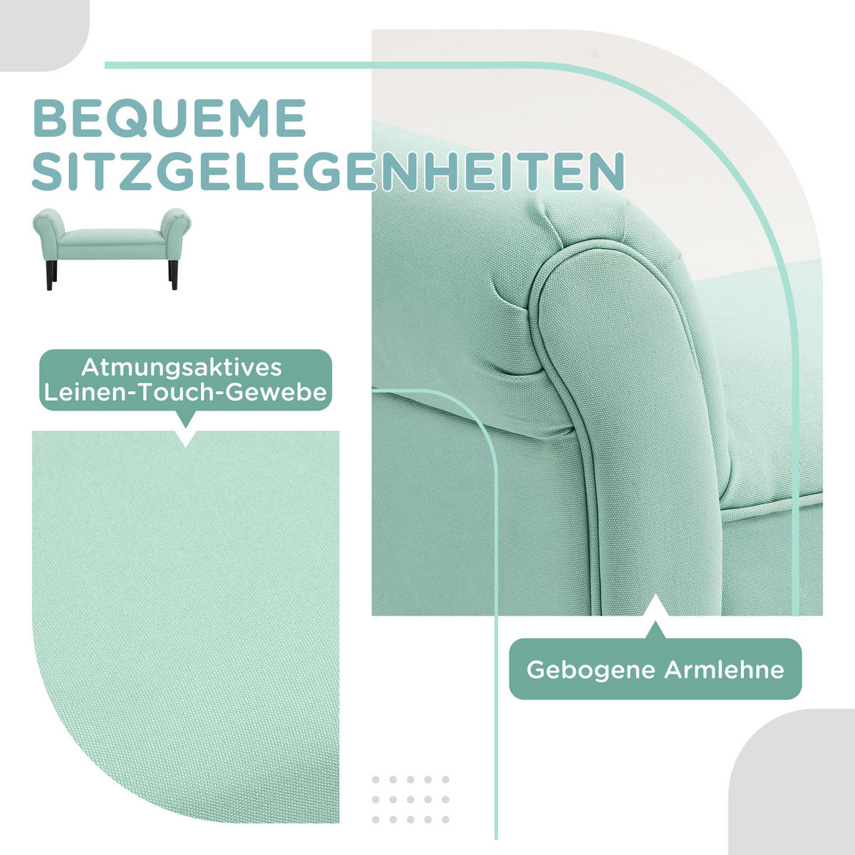 BETTBANK, Polsterbank, Sitzbank, Flurbank für Schlafzimmer, bis 130 kg Grün - Grün, Kunststoff (36/51/102cm) - HOMCOM