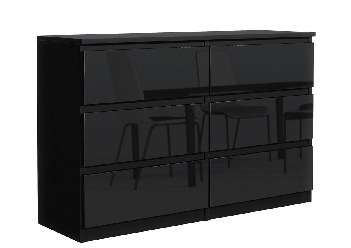 KOMMODE NUDO 120/78,5/39cm mit 6 Schubladen Türen Schwarz - Schwarz Hochglanz/Schwarz, Holzwerkstoff (120/78.5/39cm) - MASSENO