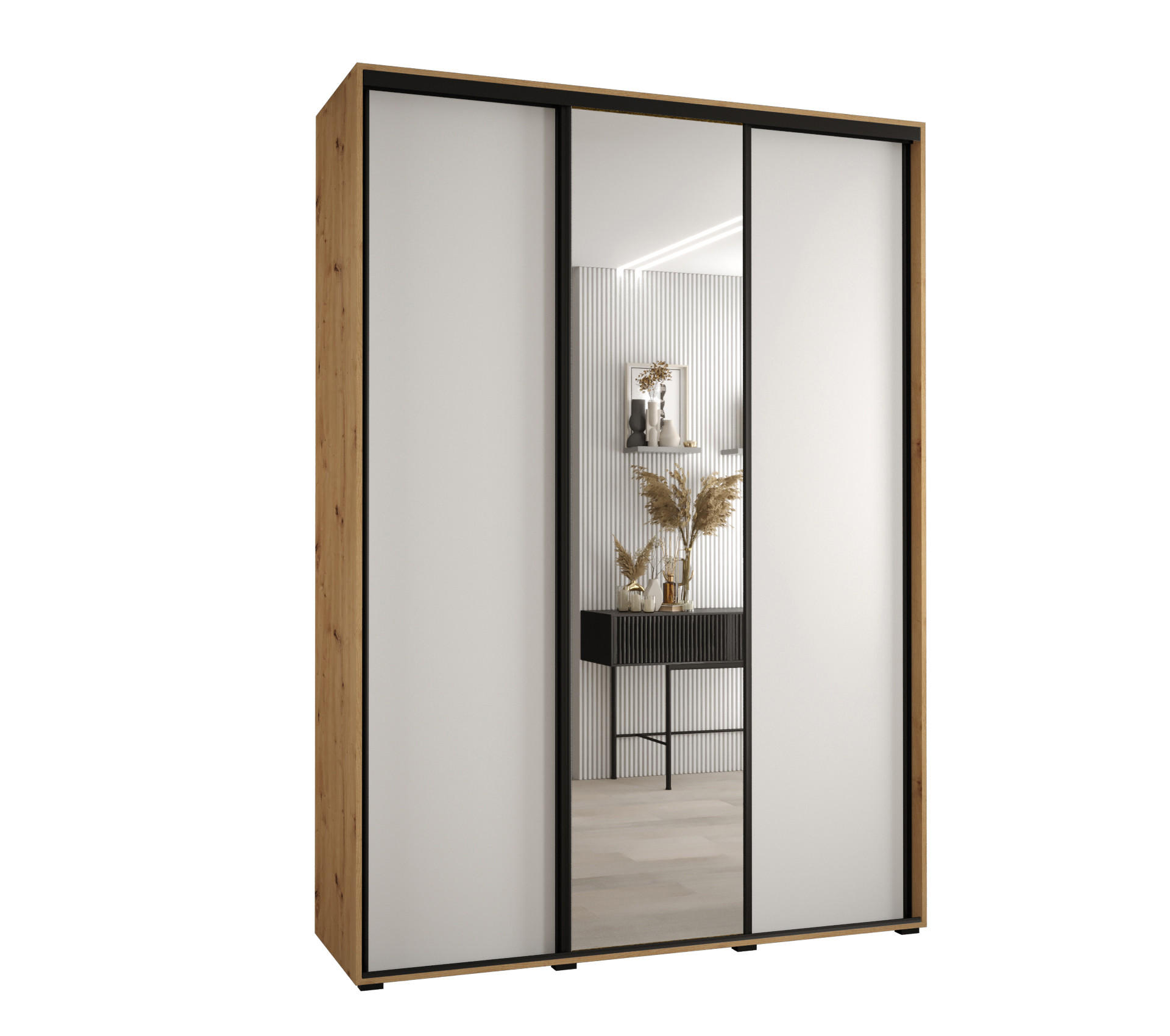 Abiks Möbel Schwebetürenschrank Eiche Artisan, Weiß, Schwarz 170x235x45 cm