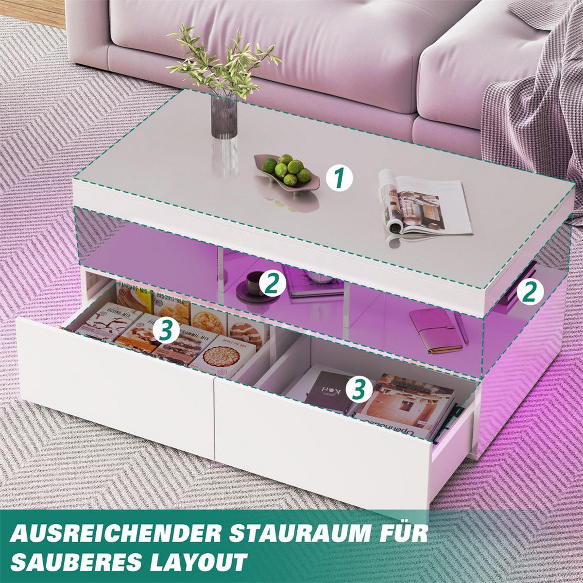 COUCHTISCH in Hochglanz-Weiß mit LED-Beleuchtung und 2 Schubladen - Weiß, Holzwerkstoff (104/53/46cm) - DELFA
