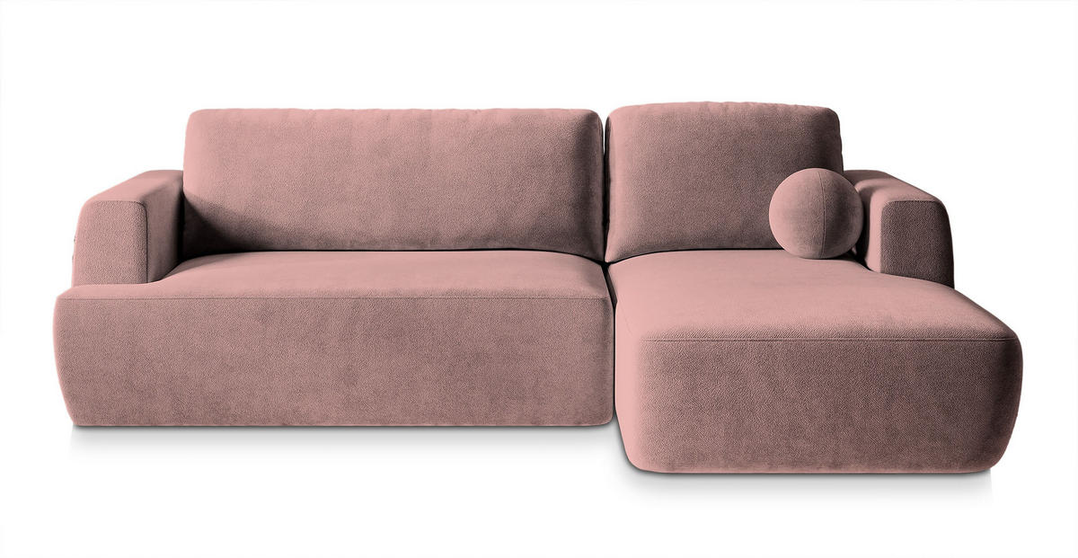 ECKSOFA SENTI K R-S Rosa Plüsch-Stoff mit Schlaffunktion - Rosa, Holz (246/148cm) - MASSENO