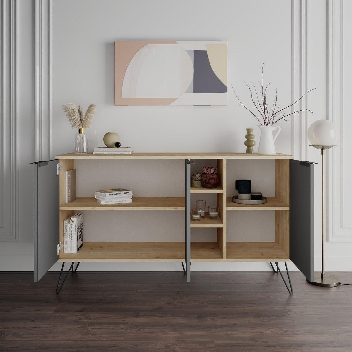 SIDEBOARD 3 Nischen und 3 Türen L142 cm - Clara - Anthrazit, Holzwerkstoff (35.6/83/142cm) - Calicosy
