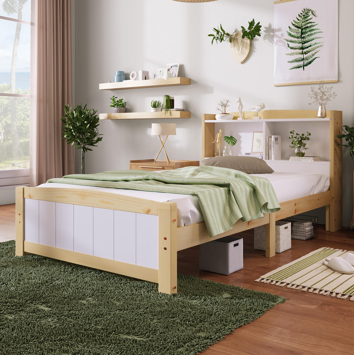 EINZELBETT aus Massivholz und MDF 90x200 cm Weiß mit Stauraum-Kopfteil und Lattenrost - Weiß, Holz (90/200cm) - IVMEU