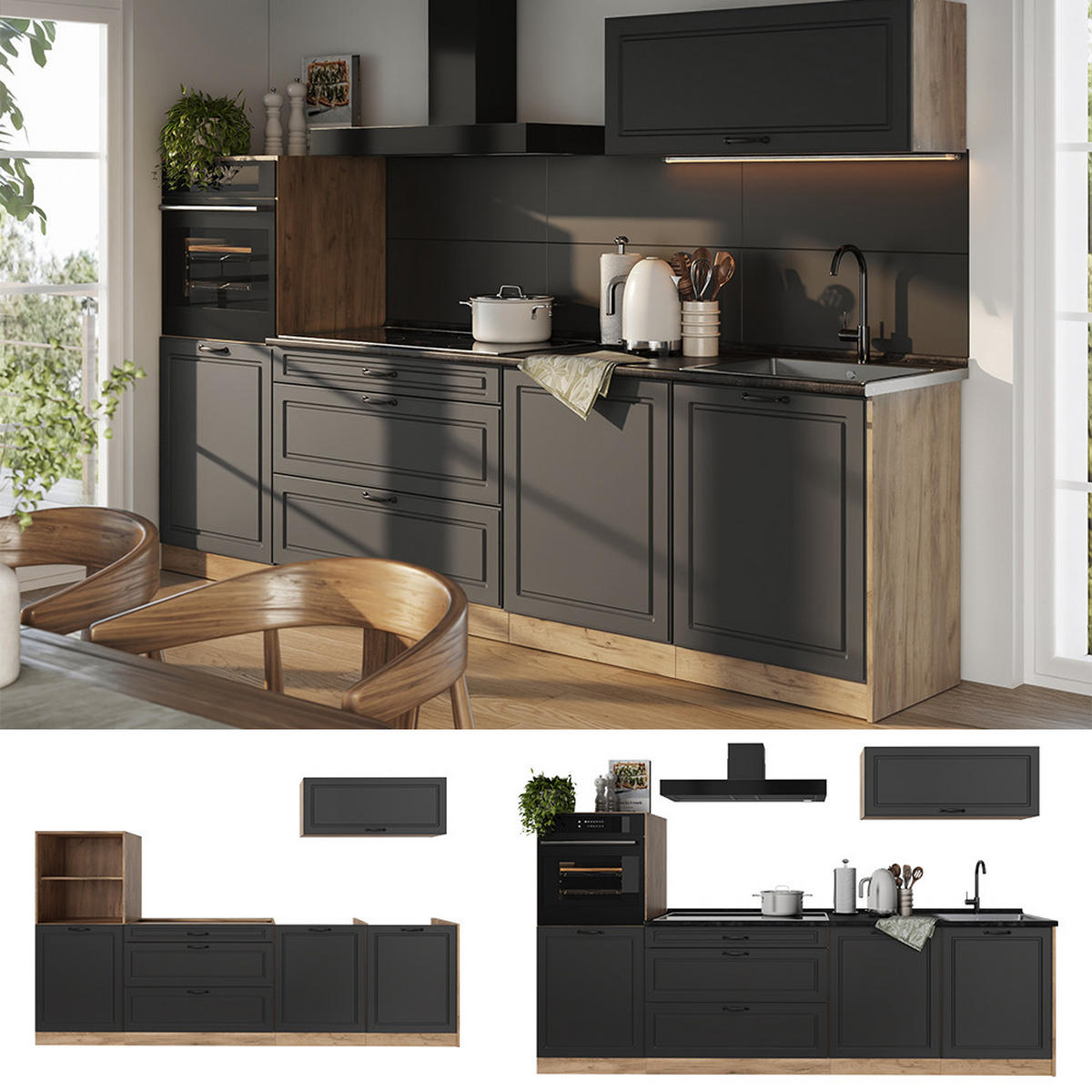 KUCHYNKA R-Line, Antracitový vidiecky dom/Dub Goldkraft, 280 cm Goldkraft tammi työtaso - farba duba/antracitová, kompozitné drevo (280/143/60cm) - Vicco