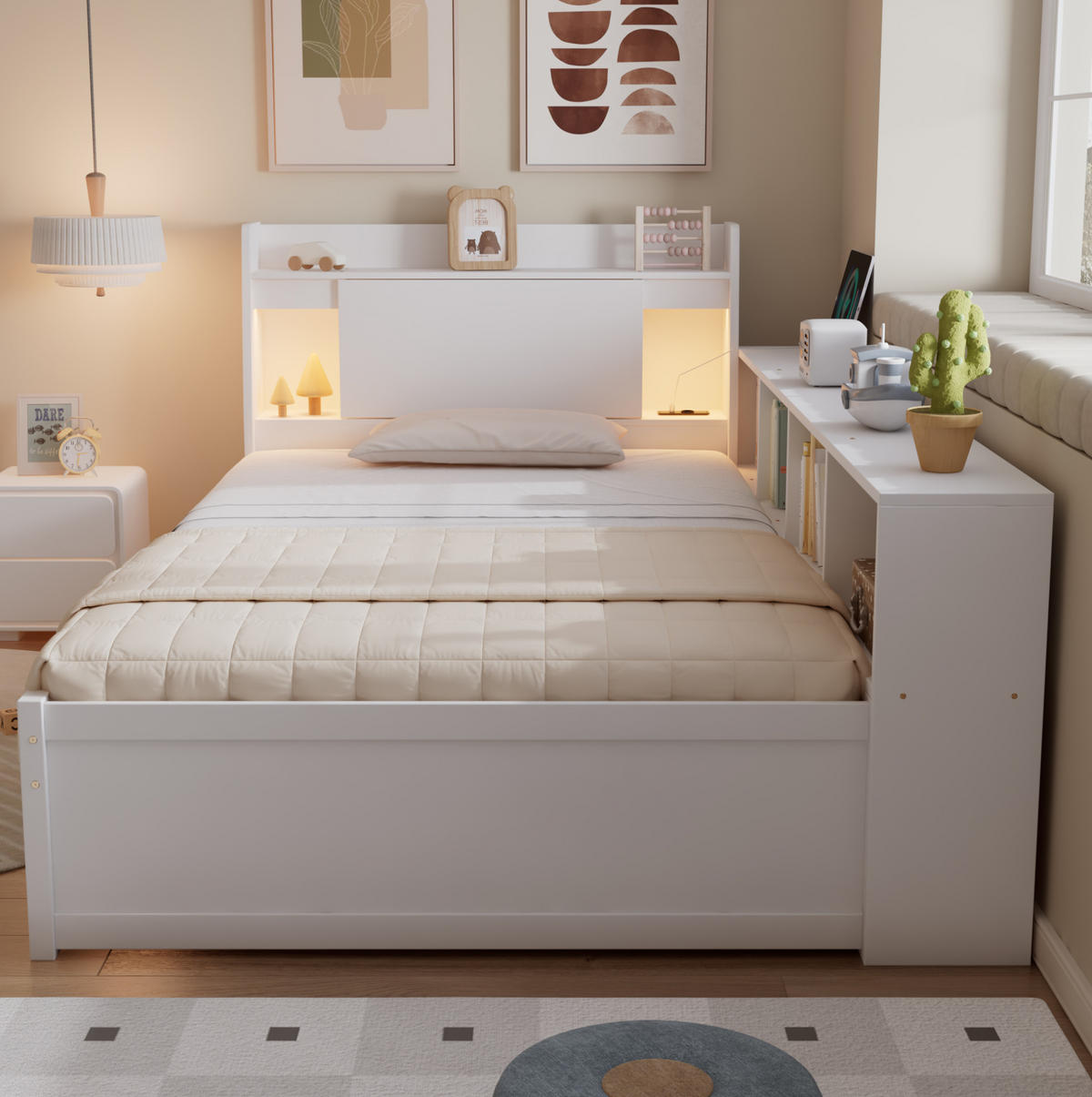 BETT 90/200 cm Weiß mit Stauraum, Leuchten und Ladebuchse - Weiß, Holz (90/200cm) - Flora Grace