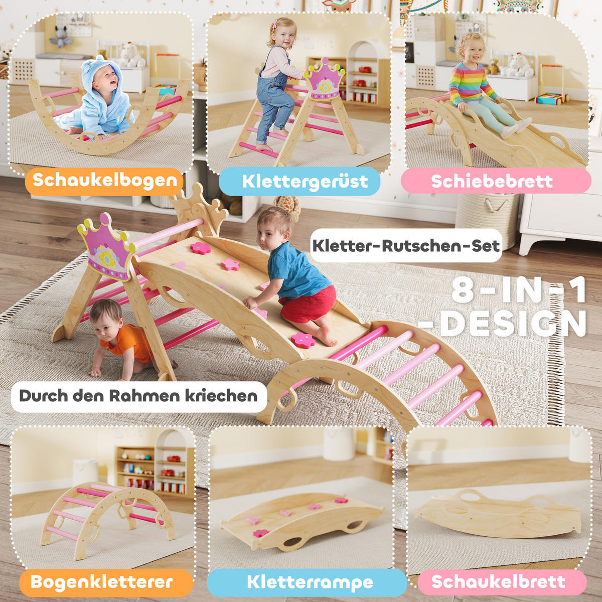 KLETTERGERÜST 8-in-1 DE-09863 mit Rutsche, Rampe und Bogen Holz - Pink, Holz (42/38/80cm) - ComfortXL