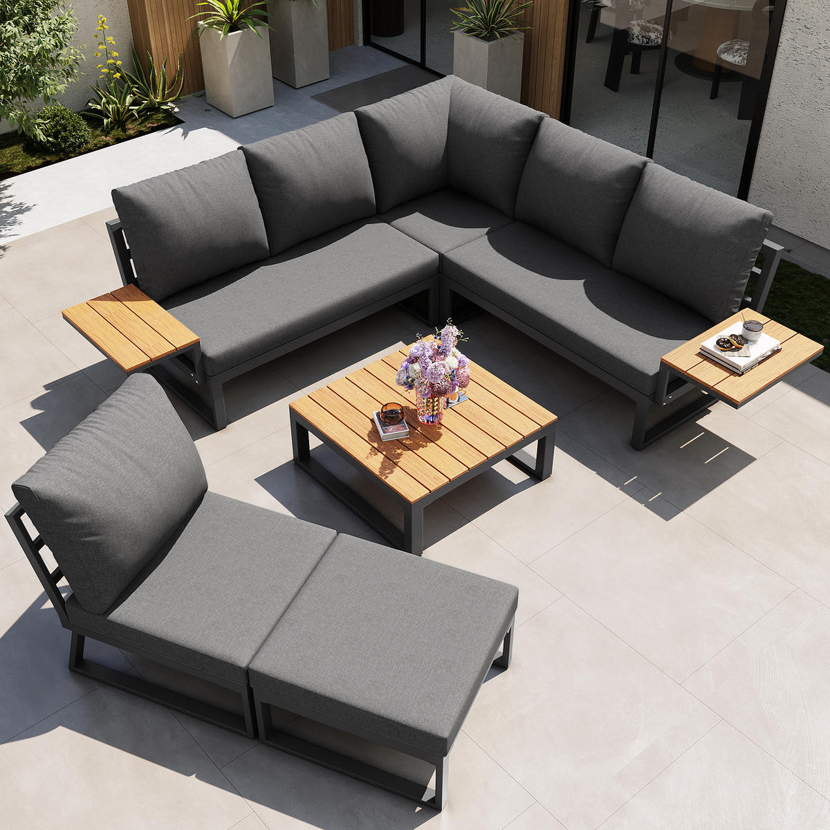 GARTEN-LOUNGE-SET 7-Sitzer mit Eisengestell, Holzarmlehnen & WPC-Tisch, 110/62/75 cm, Grau - Grau, Metall - Redom