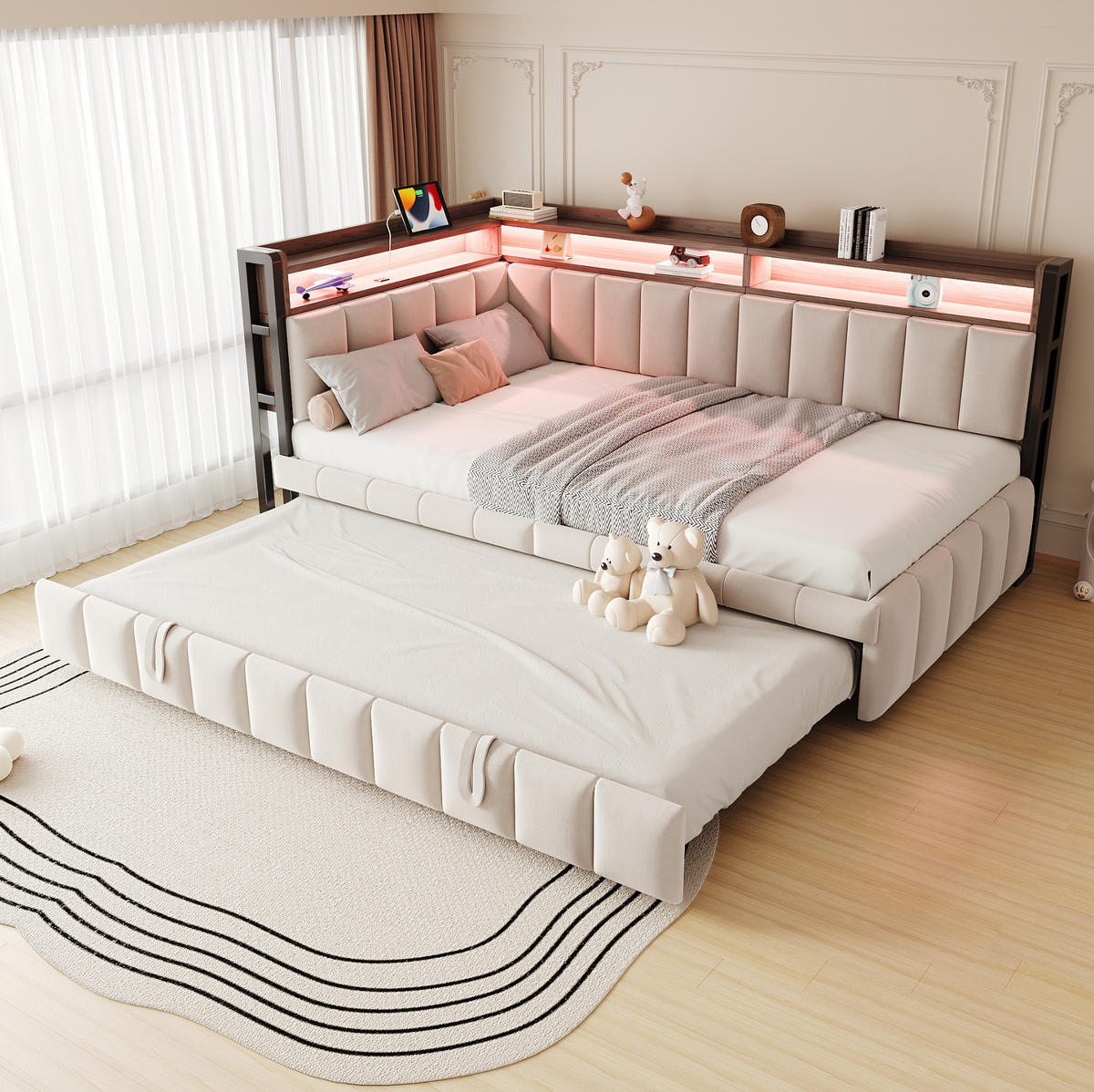 POLSTERBETT Schlafsofa aus Samt 90x200 cm Beige mit Ausziehbett, LED-Beleuchtung, USB- und Typ-C-Anschlüssen - Beige, Textil (90/200cm) - Modfu